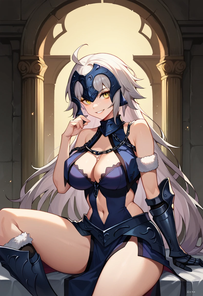   score_9,   score_8_up,   score_7_up,  looking at the camera, sit,  Cowboy Shots , long hair, ahoge, grey hair, yellow eyes, blue dress, cleavage, clothing cutout, navel, bare shoulders, tiara, chain, gauntlets, greaves, white fur trim,  one woman, smile,  big breasts at the temple, Thick legs