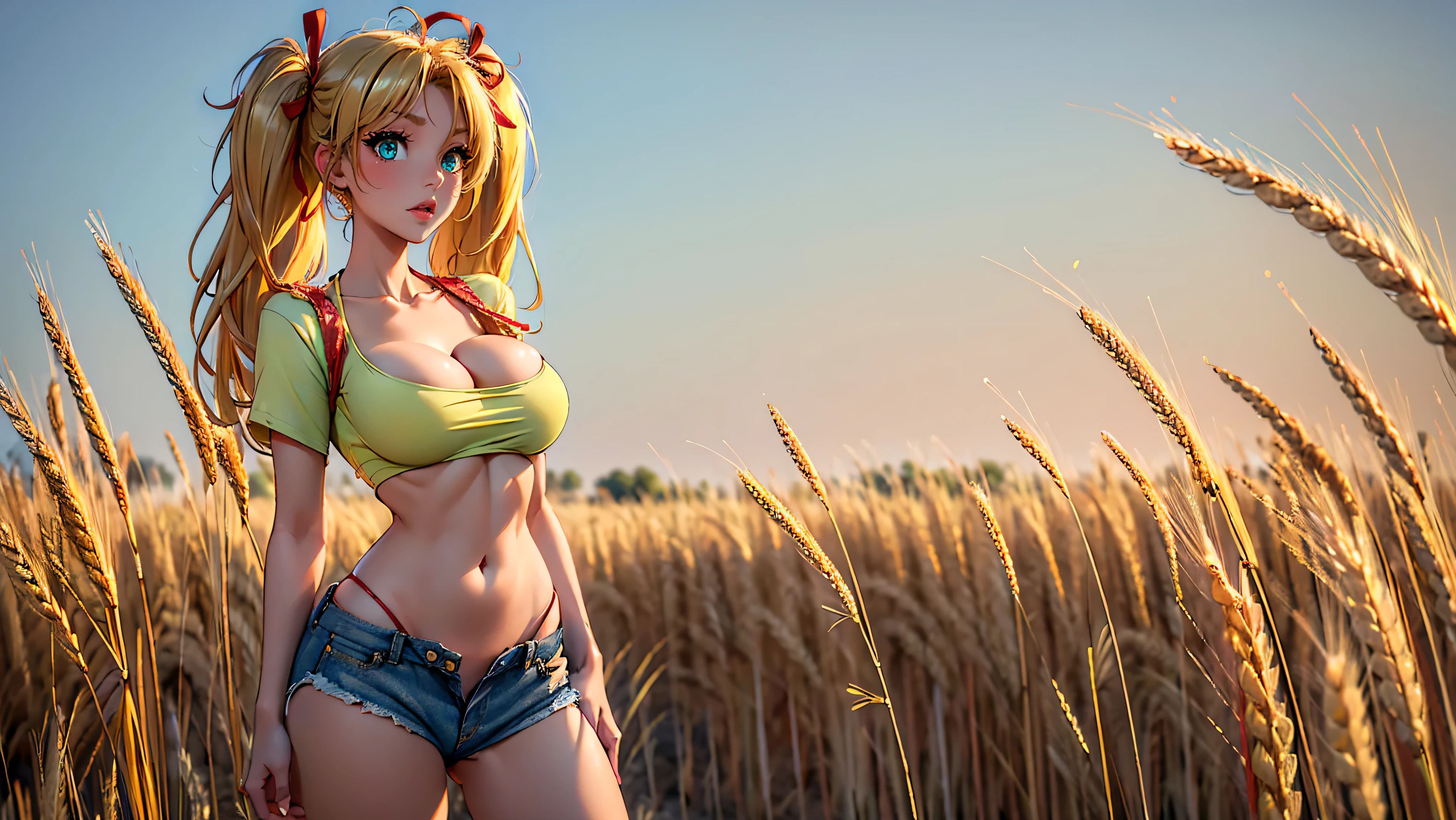 1girl, solo, (masterpiece, best quality, High Detail, 8K), blonde, long wavy hair, twintails with red ribbons in hair, dark tanned skin, extremely sexy, bikini tan, ((large breasts, busty)), ((hard nipples)),cleavage, Head to hips shot, Full body shot, cowboy shot, skinny, large green eyes, ((thin waist, small hips, long torso)), ((Dean Yeagle Style - Mandy)), wearing cutoff bluejean short-shorts and tied off button shirt, ((bright yellow shirt bursting open)), shirt tied just under breasts, country girl, ((standing in a wheat field)), farm background, wheat field,