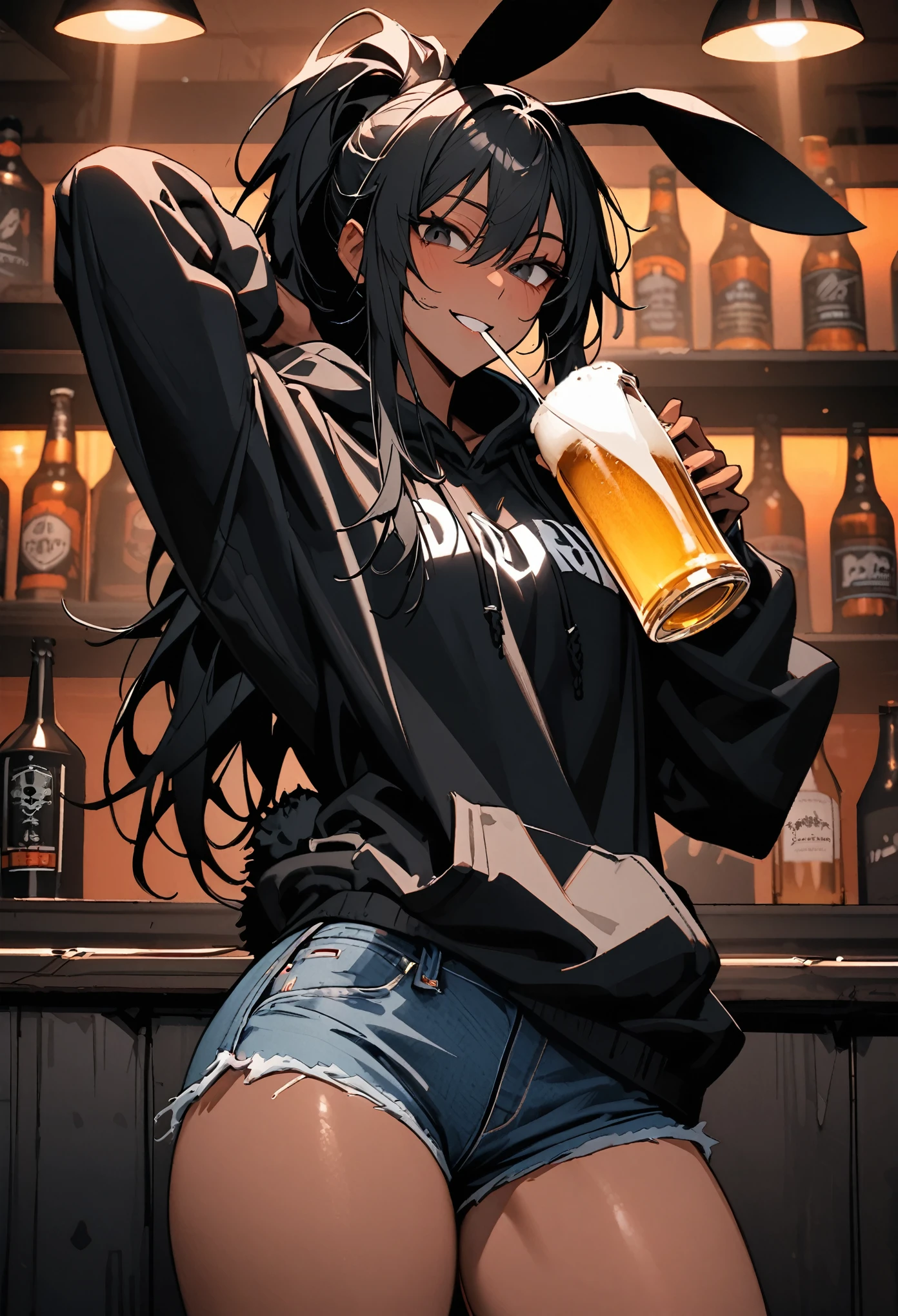 solo, male:1.1, femboy, dark skin, long hair, ponytail, black hair, black eyes, oversized hoodie, denim shorts, close up, black rabbit ears, shapely thighs, fluffy black rabbit tail:0.9, cowboy shot, close up, tall, thick thighs:0.3, looking at viewer, broad shoulders, dive bar, drinking, beer, drunk:1.3, drunken smile