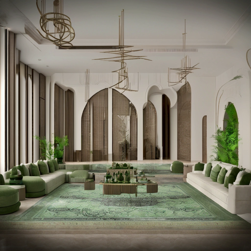 A beautifully detailed living room mosque interior, intricate arabesque patterns, soft lighting from stained glass windows, rich green colors, detailed calligraphy, serene and calming atmosphere, complete sofa's set up, glass table, photorealistic, 8k, ultra-detailed, masterpiece, professional lighting, vivid colors