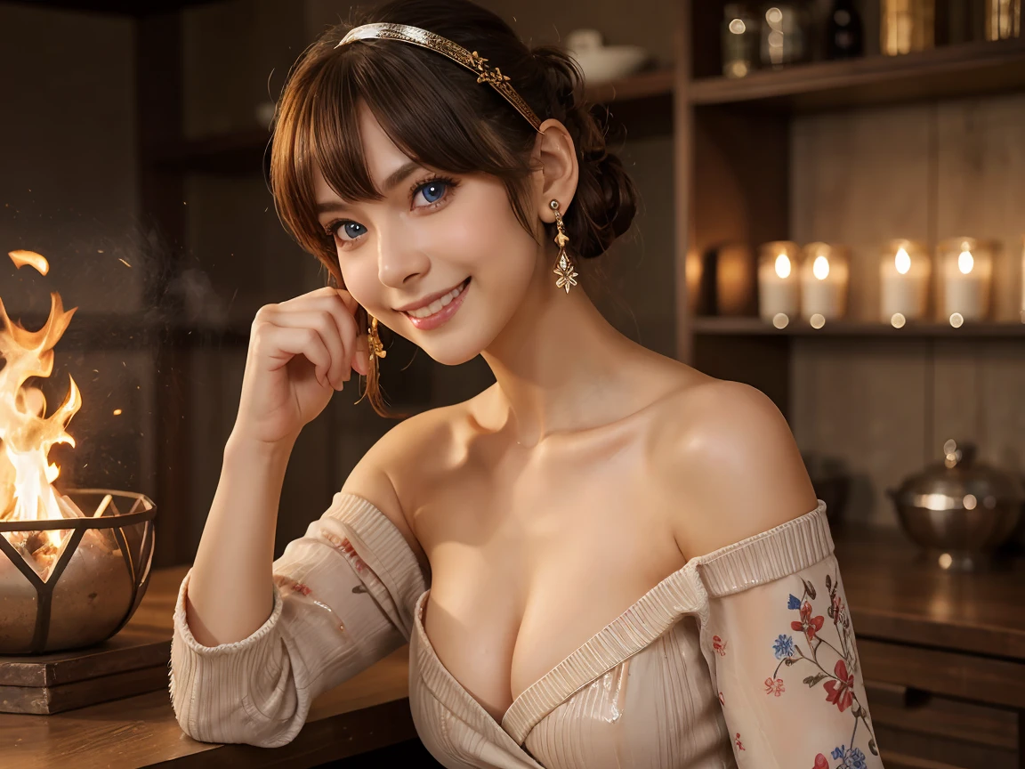 (((Masterpiece))),(((Super Detail))),(((in 8K))),(((best composition))),(((Rim lighting,Fireglow effect,deep shadow))),solo),Beautiful fingers,Detailed finger features,(Detailed hair features:1.7),(Dynamic and bending pose:1.3),detailed facial features,detailed clothes features, ( :1.1), (pointed :1.3), delicate beautiful face, Bright blue eyes, cute eyes, sparkling eyes, Big eyes, beautiful detailed eyes,double bun with glittering hair ornament:0.6,(super detailed glossy skin:1.3),slender body,goddess smile,((with sparkling eyes and a contagious smile)),beautiful posture,silver bronde hair, blue eyes, dress, bare shoulders,collarbone, sidelocks, hairband, earrings with jewelry, off shoulder sweater dress, arms behind back:0.4, air plant, long hair with long locks, gold hairband, off-shoulder dress, sweater dress, off-shoulder sweater, red sweater, big side hair, very long side hair,(super delicate floral pattern:1.2), :1.3,beautiful glossy legs,shiny red high heels,lifting dishes with cup of a coffee,french restaurant,hustle and bustle,rising steam,(((depth of fields)))