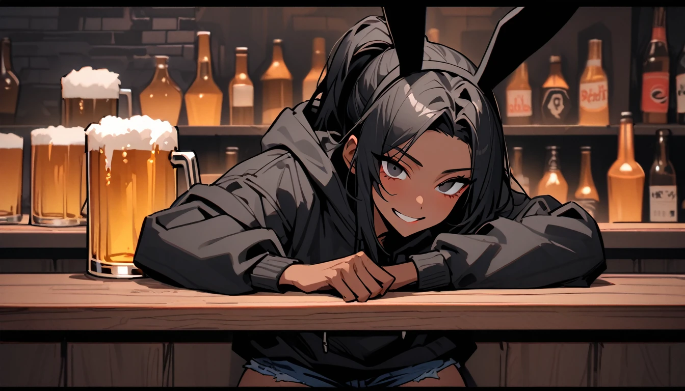 solo, male:1.1, femboy, dark skin, long hair, ponytail, black hair, black eyes, oversized hoodie, denim shorts, close up, black rabbit ears, shapely thighs, fluffy black rabbit tail:0.9, close up, tall, thick thighs:0.3, looking at viewer, broad shoulders, dive bar, drinking, beer, drunk:1.3, drunken smile, leaning over table, pov