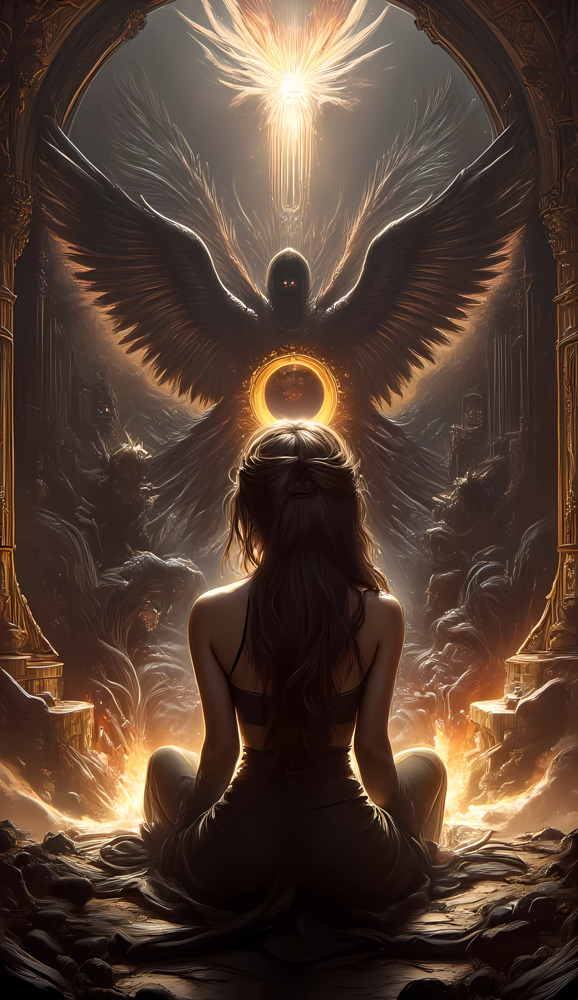 score_9, score_8_up, score_7, a picture of a female angel sittings in her divine temple, opening a large (magical doorway: 1.4), with magical runes on it, looking into the (hell: 1.3), epic beautiful woman angel (best details, Masterpiece, best quality), ultra detailed face (best details, Masterpiece, best quality), dynamic hair, dynamic dress (best details, Masterpiece, best quality), divine temple, the magical doorway opens into hell and you can see demons flying, glowing arcane sigils high details, best quality, 16k, [best detailed], masterpiece, best quality, (extremely detailed), a view from the rear (best details, Masterpiece, best quality), photorealistic, fantasy art, RPG art, GlowingRunes_paleblue, GlowingRunes_yellow, fantasy magical library background (best details, Masterpiece, best quality), hyp3rd3tail style, ral-ertmsphr