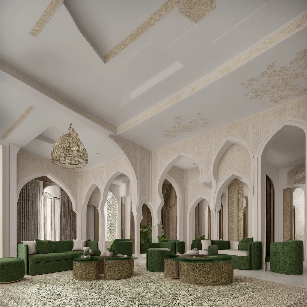 A beautifully detailed living room mosque interior, intricate arabesque patterns, soft lighting from stained glass windows, rich green colors, detailed calligraphy, serene and calming atmosphere, complete sofa's set up, glass table, photorealistic, 8k, ultra-detailed, masterpiece, professional lighting, vivid colors