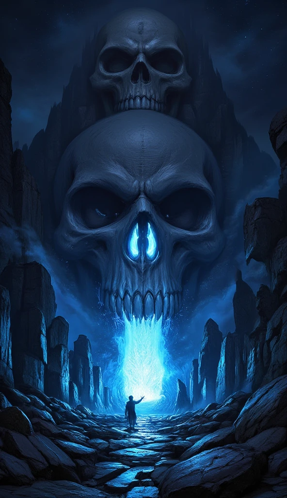 score_9, score_8_up, score_7, a picture of a an epic skull built into a mountain, the skull mouth shines as you can see blue light, and hand bids you to come, it is night time, stars in the sky, photorealistic, fantasy art, RPG art, hyp3rd3tail style, ral-ertmsphr