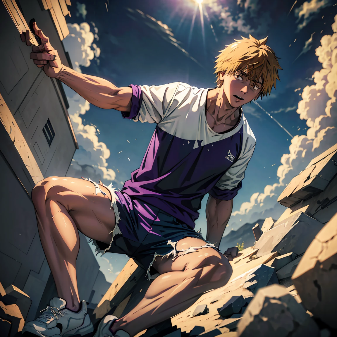 The male character , Denji wearing a white shirt with purple and blue details,a black sports shorts ,  the clothes have torn and damaged features .