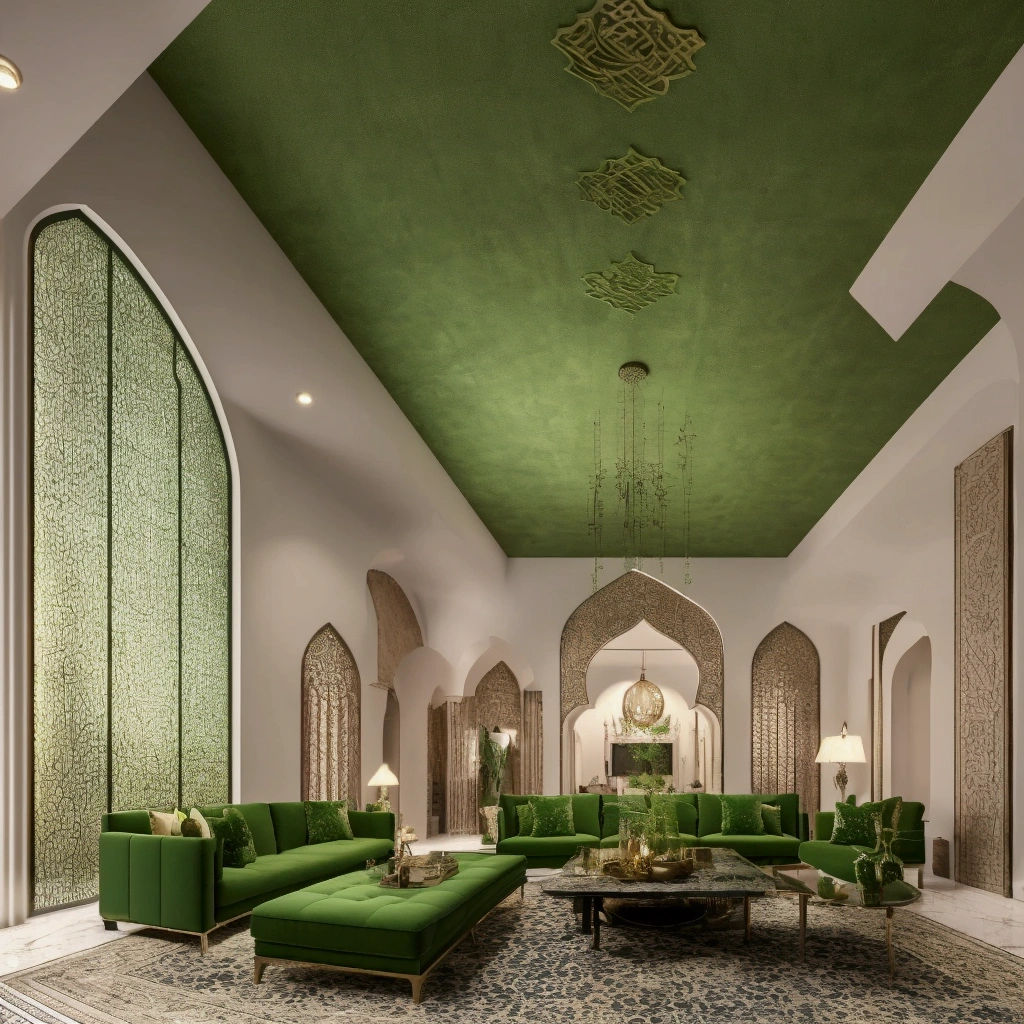 A beautifully detailed living room mosque interior, intricate arabesque patterns, soft lighting from stained glass windows, rich green colors, detailed calligraphy, serene and calming atmosphere, complete sofa's set up, glass table, photorealistic, 8k, ultra-detailed, masterpiece, professional lighting, vivid colors