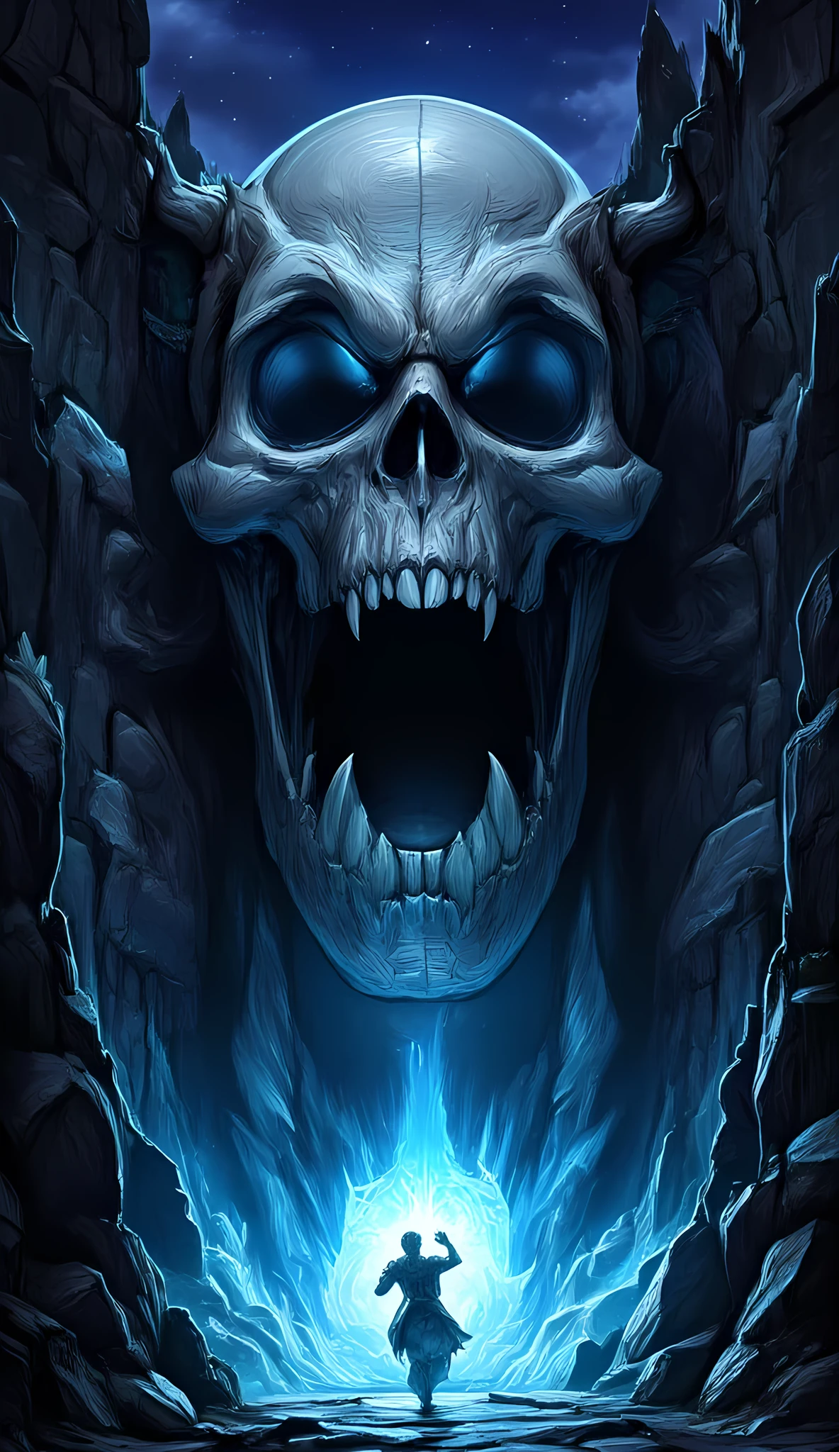 score_9, score_8_up, score_7, a picture of a an epic skull built into a mountain, the skull mouth shines as you can see blue light, and hand bids you to come, it is night time, stars in the sky, photorealistic, fantasy art, RPG art, hyp3rd3tail style, ral-ertmsphr