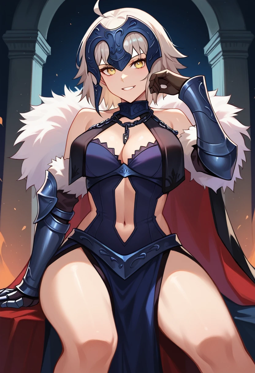   score_9,   score_8_up,   score_7_up,  looking at the camera, sit,  Cowboy Shots , long hair, ahoge, grey hair, yellow eyes, blue dress, cleavage, clothing cutout, navel, bare shoulders, tiara, chain, gauntlets, greaves, white fur trim,  one woman, smile, ( big breasts at the temple),