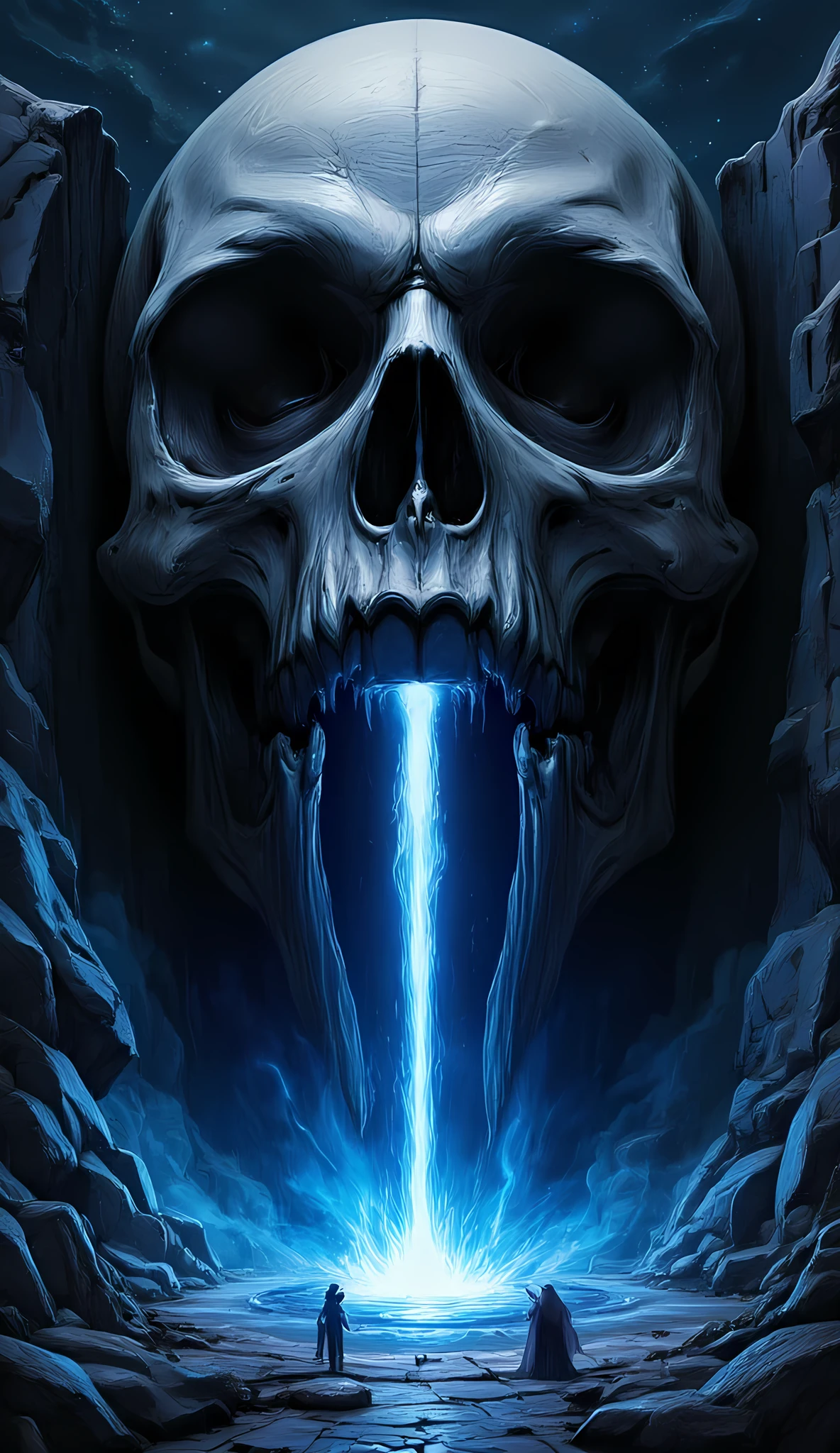 score_9, score_8_up, score_7, a picture of a an epic skull built into a mountain, the skull mouth shines as you can see blue light, and hand bids you to come, it is night time, stars in the sky, photorealistic, fantasy art, RPG art, hyp3rd3tail style, ral-ertmsphr