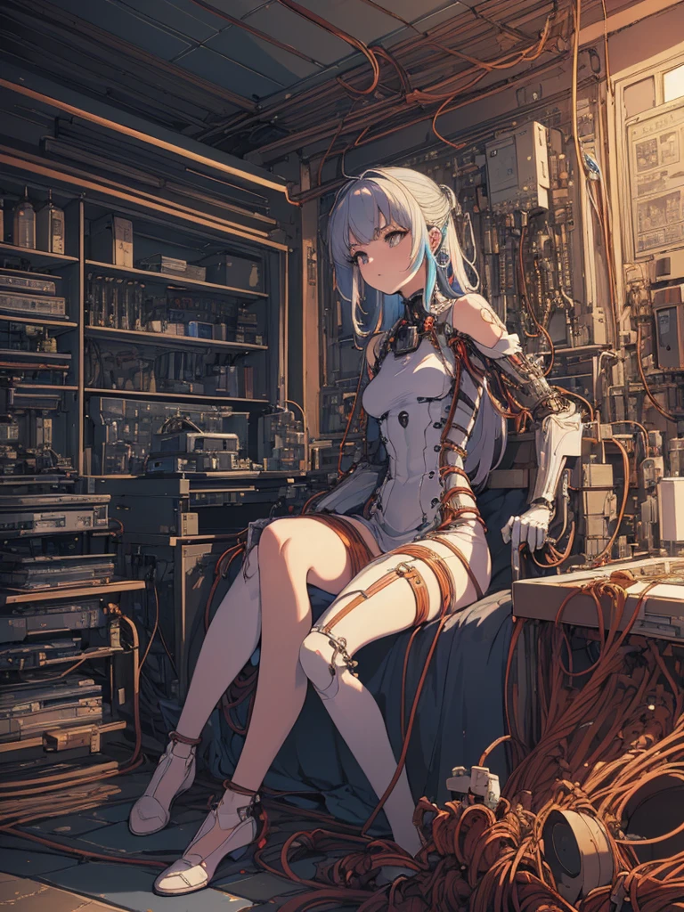(((masterpiece))), (((Highest quality))), ((Very detailed)), (Highly detailed CG illustrations), ((Very delicate and beautiful)),(From the side),Cinematic Light,((1. Machine Girl)),alone,whole body,(Machine made joints:1.2),((Mechanical limbs)),(Blood vessels connected to tubes),(Mechanical vertebrae attached to the back),((Cervical vertebrae mechanically attached to the neck)),(Sitting),Expressionless,(Wires and cables around the neck:1.2),(Overhead wires and cables:1.2)(Character Focus),sf,Very detailed,colorful,Most detailed