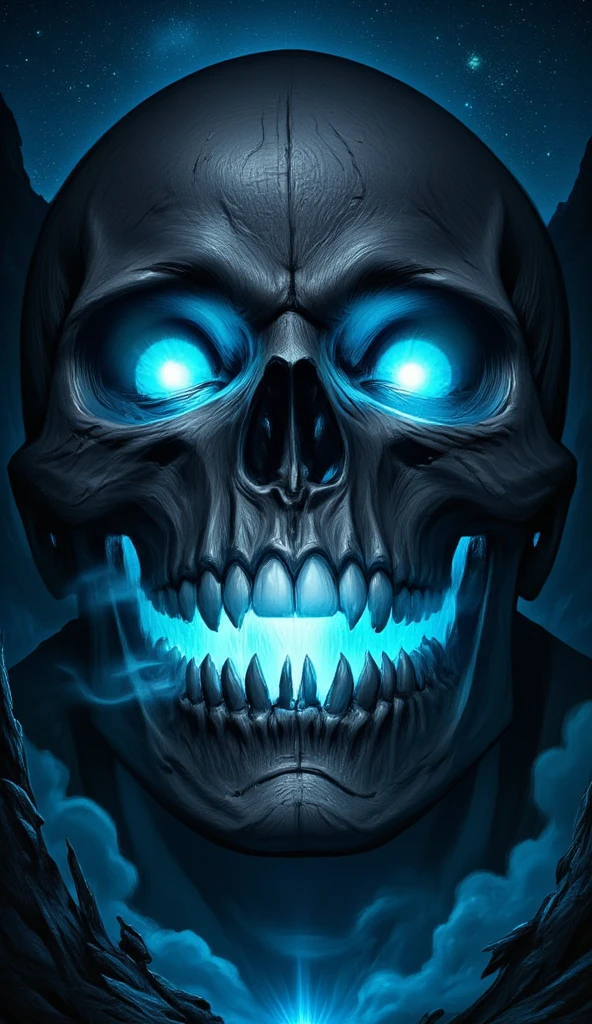 score_9, score_8_up, score_7, a picture of a an epic skull built into a mountain, the skull mouth shines as you can see blue light, and hand bids you to come, it is night time, stars in the sky, photorealistic, fantasy art, RPG art, hyp3rd3tail style, ral-ertmsphr