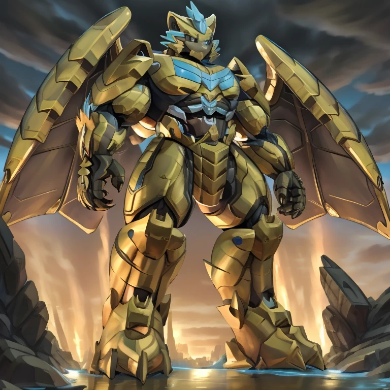 (zeraora, 8K), (zeraora's giant robot, Powered exoskeleton with the same design as zeraora), (Masterpiece, highres) (Detailed head, Detailed Body, Detailed abs, full body) (gigantic muscles, Gigachad Muscular, big muscle, pecs, triceps, traps, unusually developed muscular body, body full of huge muscles. showing off muscles, pectorales enormes, Exaggeratedly huge muscles.) (nj5furry, The claws are sharp, Sharp teeth, sharp claws), (long legs), (Spread wings, It has wings, have big wings, golden wings), (It has wings, whole body shines like metal, Wearing cyberpunk mecha, emphasizes the muscles, suit fully made of metal, intricate armor, Robotic suit, suit fully made of metal, cyborg. golden armor), (golden hyper penis), menacing pose, no face. wearing a full-face helmet. 