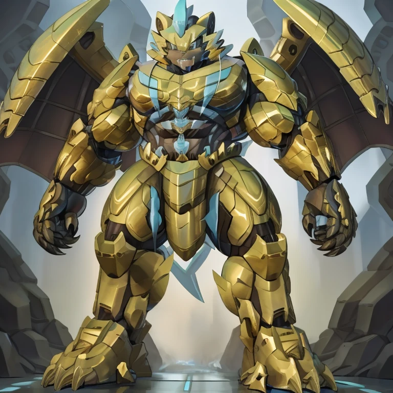 (zeraora, 8K), (zeraora's giant robot, Powered exoskeleton with the same design as zeraora), (Masterpiece, highres) (Detailed head, Detailed Body, Detailed abs, full body) (gigantic muscles, Gigachad Muscular, big muscle, pecs, triceps, traps, unusually developed muscular body, body full of huge muscles. showing off muscles, pectorales enormes, Exaggeratedly huge muscles.) (nj5furry, The claws are sharp, Sharp teeth, sharp claws), (long legs), (Spread wings, It has wings, have big wings, golden wings), (It has wings, whole body shines like metal, Wearing cyberpunk mecha, emphasizes the muscles, suit fully made of metal, intricate armor, Robotic suit, suit fully made of metal, cyborg. golden armor), (golden hyper penis), menacing pose, no face. wearing a full-face helmet. 