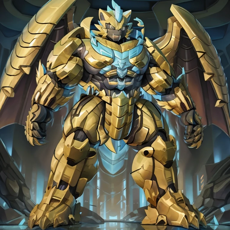 (zeraora, 8K), (zeraora's giant robot, Powered exoskeleton with the same design as zeraora), (Masterpiece, highres) (Detailed head, Detailed Body, Detailed abs, full body) (gigantic muscles, Gigachad Muscular, big muscle, pecs, triceps, traps, unusually developed muscular body, body full of huge muscles. showing off muscles, pectorales enormes, Exaggeratedly huge muscles.) (nj5furry, The claws are sharp, Sharp teeth, sharp claws), (long legs), (Spread wings, It has wings, have big wings, golden wings), (It has wings, whole body shines like metal, Wearing cyberpunk mecha, emphasizes the muscles, suit fully made of metal, intricate armor, Robotic suit, suit fully made of metal, cyborg. golden armor), (golden hyper penis), menacing pose, no face. wearing a full-face helmet. 