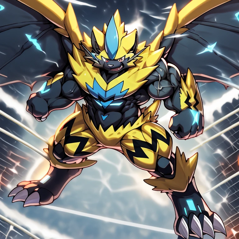 (ZERAORA, 8K), (Zeraora's giant robot, Powered exoskeleton with the same design as Zeraora), (Masterpiece, highres) (Detailed head, Detailed Body, Detailed abs, full body) (gigantic muscles, Gigachad Muscular, big muscle, pecs, triceps, traps, unusually developed muscular body, body full of huge muscles. showing off muscles, pectorales enormes, Exaggeratedly huge muscles.) (nj5furry, The claws are sharp, Sharp teeth, sharp claws), (long legs), (Spread wings, It has wings, have big wings, golden wings), (Wrestling, wrestler, the bodybuilding), (It has wings, whole body shines like metal, Wearing cyberpunk mecha, emphasizes the muscles, suit fully made of metal, intricate armor, Robotic suit, suit fully made of metal, cyborg), (black color hyper penis, hyper black penis), menacing pose, 