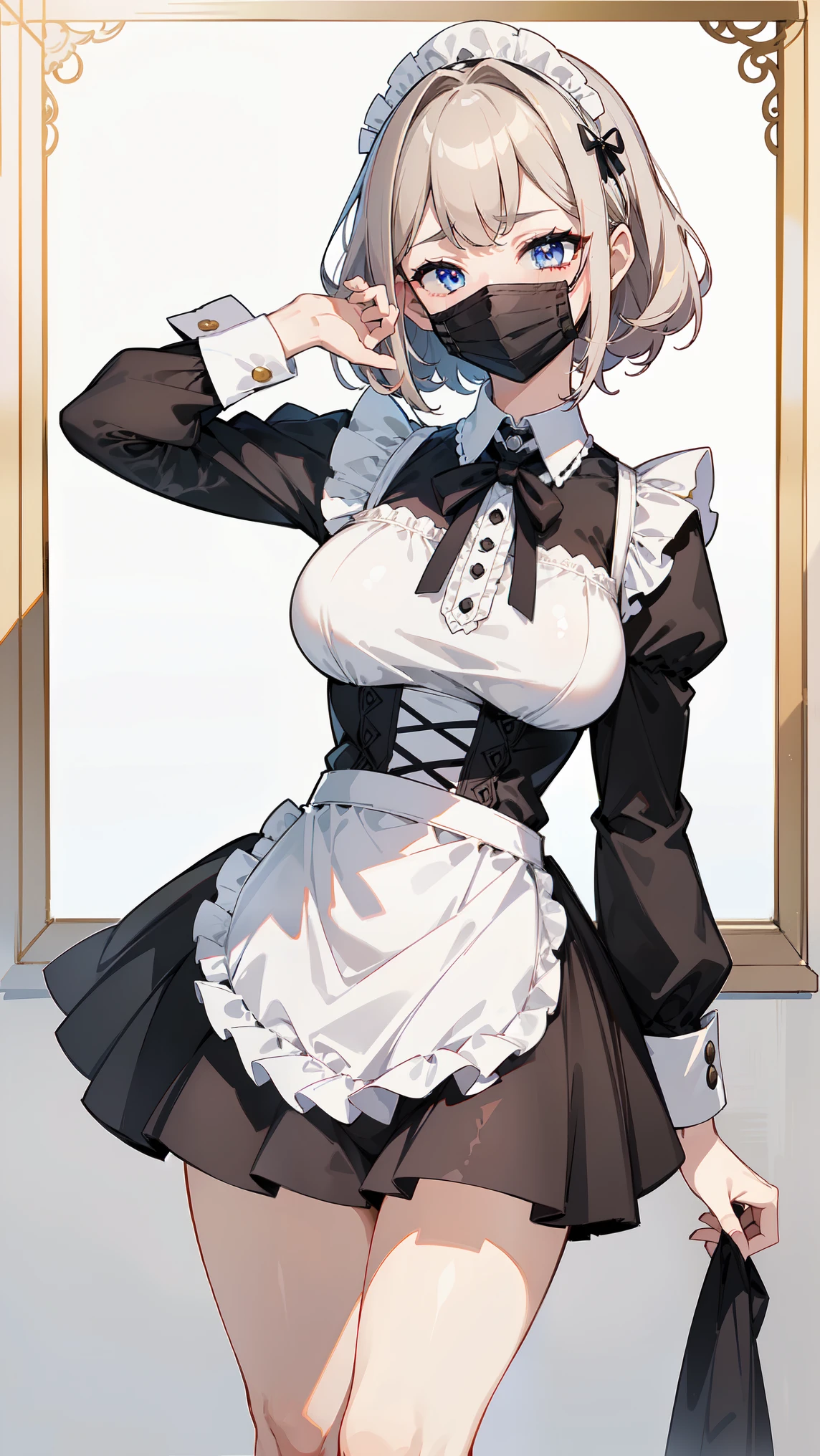 (masterpiece, best quality, ultra high quality, 1girl, solo), (((성숙한 28세 여성))), (fair skin with a hint of pink), ((Her height is 168 cm.)), (((small face))), (((She has good body proportions.))), (straight bob haircut), (((silver blonde hair))), ((no bangs)), (skyblue eyes), (mascara), (big breasts:1.6), (All Black Fashion), (wearing short victorian black mini skirt), (maid), (black apron), (The peaceful country mansion), (with exposed chest), ((black mask)), (Beautiful leg line), iPhone으로 찍은 셀카, 전면 카메라로 손이 보이지 않는, (((햇빛이 잘 들어오는 침실))), v-sign