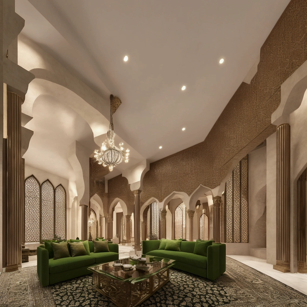 A beautifully detailed living room mosque interior, intricate arabesque patterns, soft lighting from stained glass windows, rich green and rose colors, detailed calligraphy, serene and calming atmosphere, complete sofa's set up, glass table, photorealistic, 8k, ultra-detailed, masterpiece, professional lighting, vivid colors