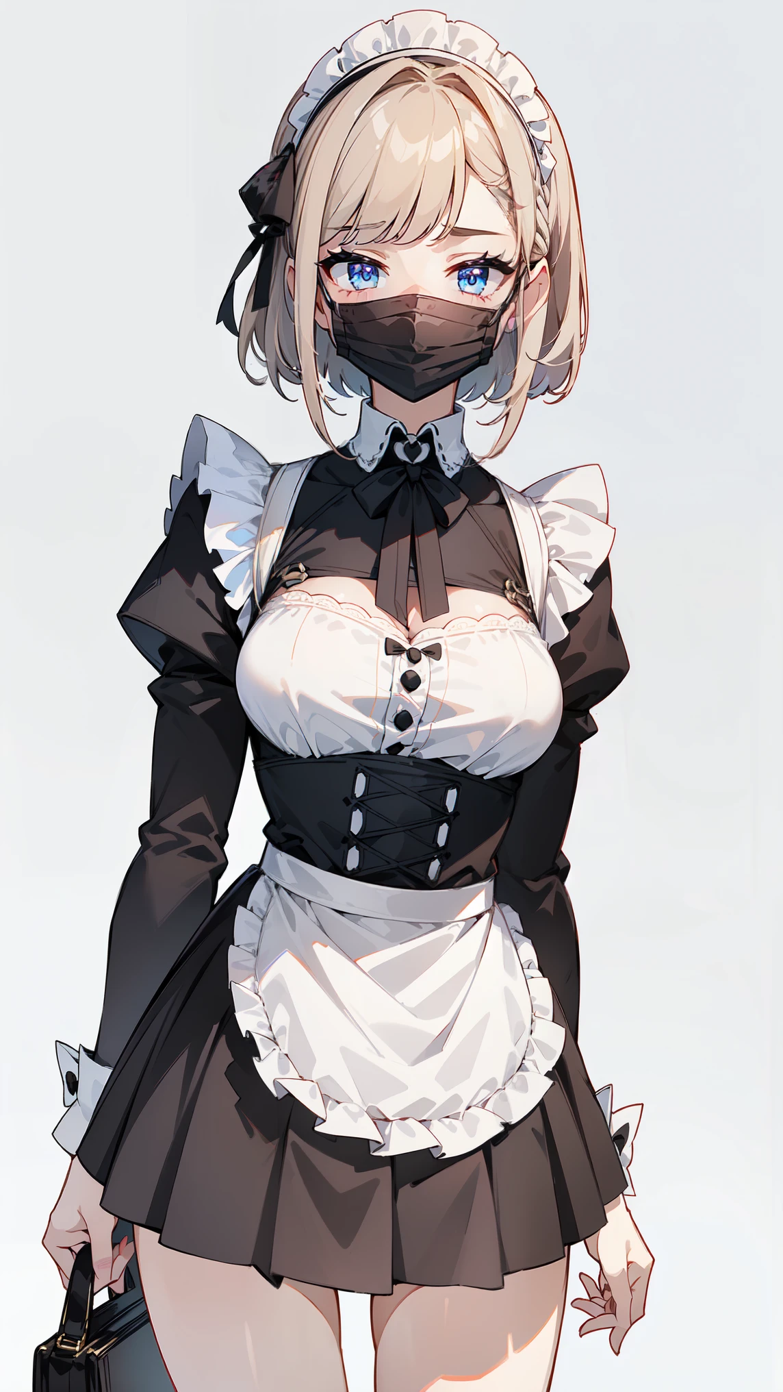 (masterpiece, best quality, ultra high quality, 1girl, solo), (((성숙한 28세 여성))), (fair skin with a hint of pink), ((Her height is 168 cm.)), (((small face))), (((She has good body proportions.))), (straight bob haircut), (((silver blonde hair))), ((no bangs)), (skyblue eyes), (mascara), (big breasts:1.6), (All Black Fashion), (wearing short victorian black mini skirt), (maid), (black apron), (The peaceful country mansion), (with exposed chest), ((black mask)), (Beautiful leg line), iPhone으로 찍은 셀카, 전면 카메라로 손이 보이지 않는, (((햇빛이 잘 들어오는 침실))), v-sign