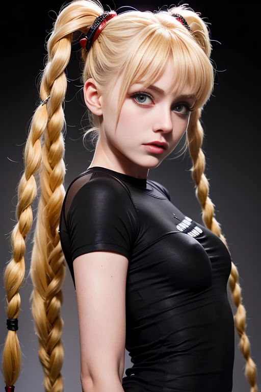 Mulher loira com cabelo longo em um vestido preto posando para uma foto, modelo bonito da mulher cyberpunk, cyberpunk bonita, cara bonita da meninapunk, Ross Tran 8 K, cabelo loiro com rabo de cavalo, Cyberpunk 2 0 e. o modelo menina, meniroid per O retrato da menina cyberpunk, cyborga branca bonita, retrato sci - fi girl, Deusa loira