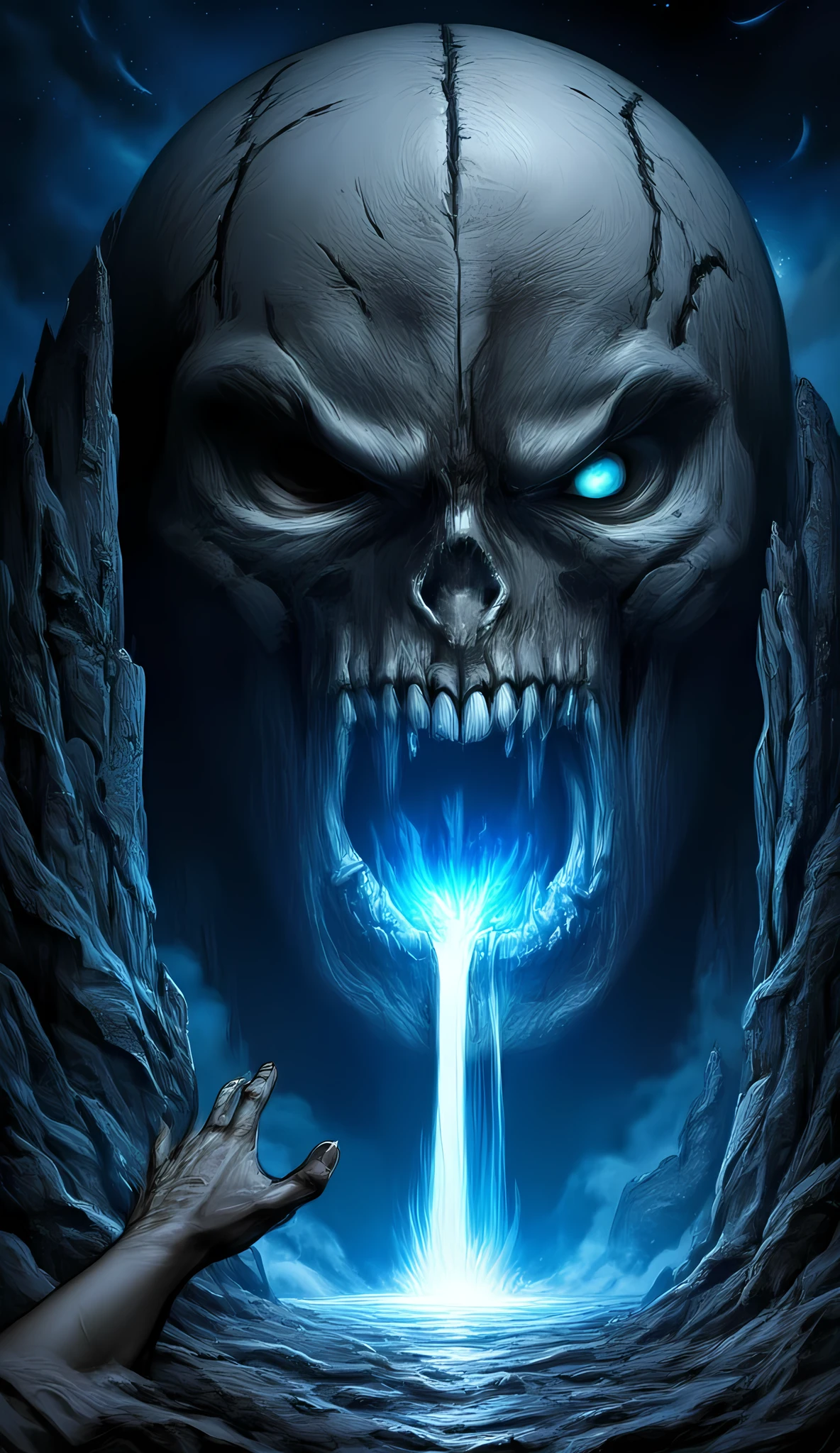 score_9, score_8_up, score_7, a picture of a an epic skull built into a mountain, the skull mouth is open and you can see blue light, and hand bids you to come, it is night time, stars in the sky, photorealistic, fantasy art, RPG art, hyp3rd3tail style, ral-ertmsphr