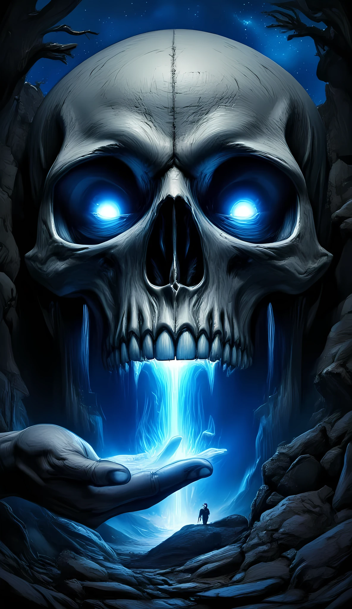 score_9, score_8_up, score_7, a picture of a an epic skull built into a mountain, the skull mouth is open and you can see blue light, and hand bids you to come, it is night time, stars in the sky, photorealistic, fantasy art, RPG art, hyp3rd3tail style, ral-ertmsphr