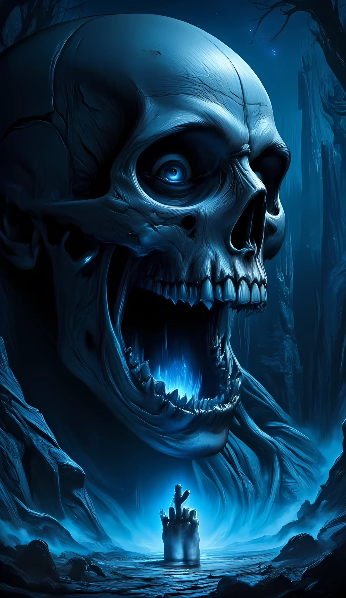 score_9, score_8_up, score_7, a picture of a an epic skull built into a mountain, the skull mouth is open and you can see blue light, and hand bids you to come, it is night time, stars in the sky, photorealistic, fantasy art, RPG art, hyp3rd3tail style, ral-ertmsphr