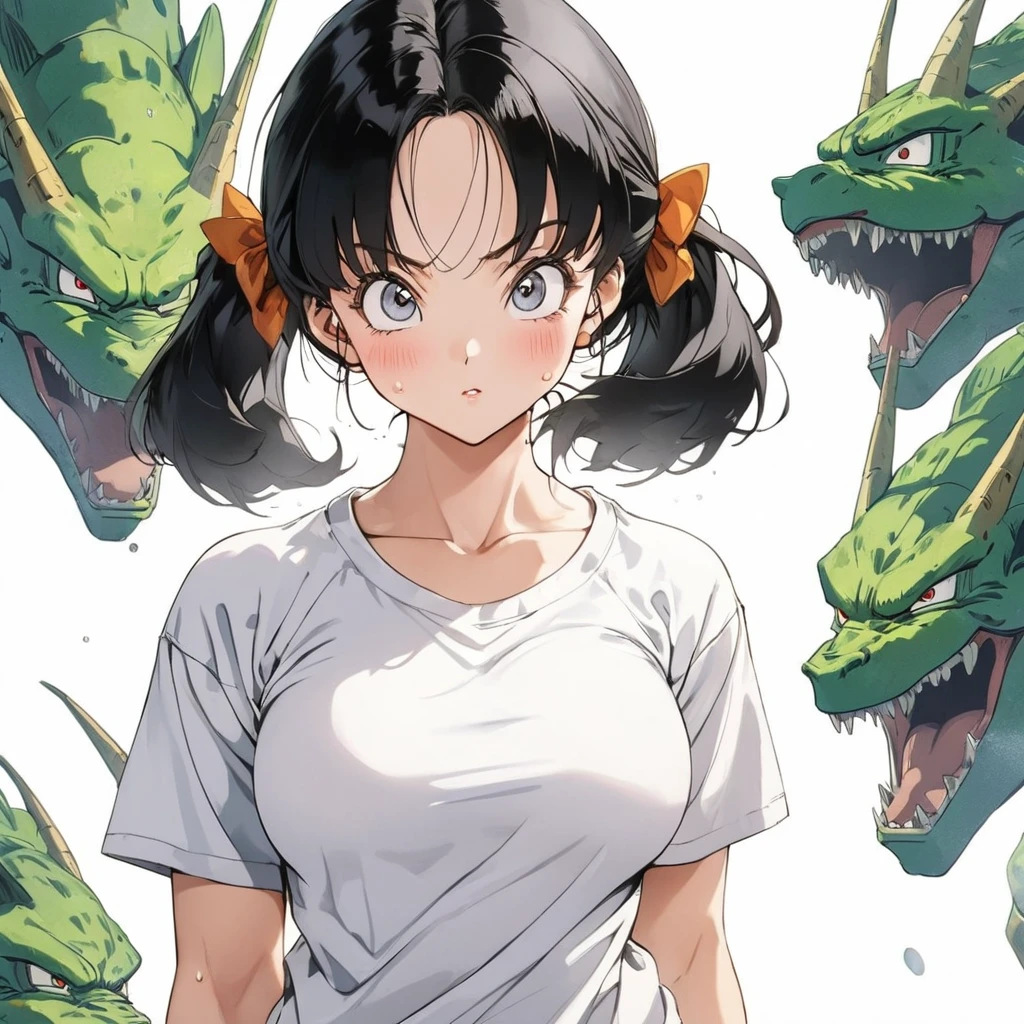 masterpiece, Highest quality, High resolution, (Videl),(Dragon Ball),1990s \(style\),C cup beautiful breasts、height: 160cm,Sweating all over the body,athlete Muscular,sexy,1 girl,solo,Anime-style painting style, Black medium Hair,Twin tail hair、Big eyes、Cool look,Pointed Eyes,White short sleeve T-shirt,Composition focusing on the upper body,blush,Showing cleavage,Anime-style painting style,,A composition that shows the whole body,Captivating look,Seductively Posing,{{{white simple background}}}