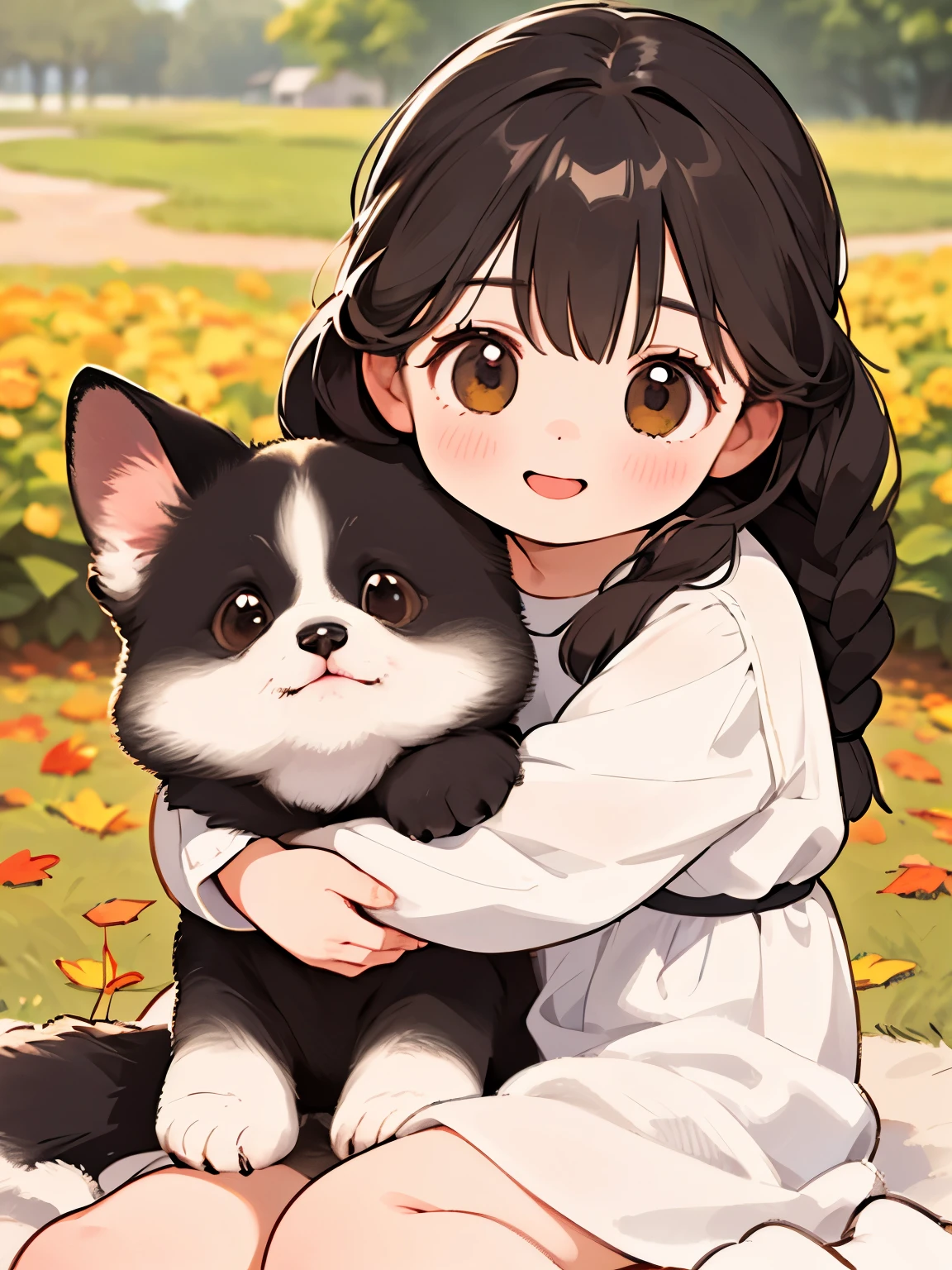 (Best Quality ,4K,8k,  kampala,masterpiece:1.2),  very detailed , (Deformed, Realistic, Realistic:1.3)，One ，Cute young girl，Very short stature，Laugh happily,  Brown Eyes  , Fluffy, Black hair braids，Long sleeve white dress，，That dog is bigger than the girl  ......，This dog is an Akita....，犬はFluffy， the dog is hugging the girl ， Autumn rural house and garden background，