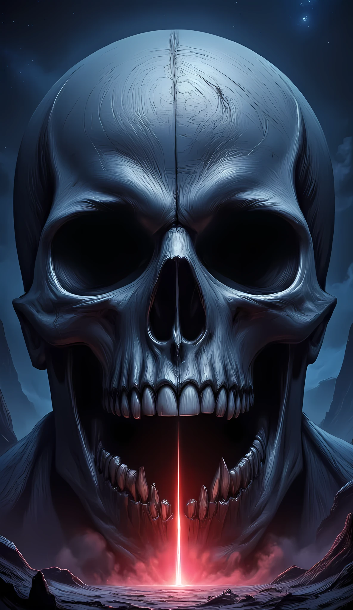 score_9, score_8_up, score_7, a picture of a an epic skull built into a mountain, the skull mouth is open and you can see red light, and hand bids you to come, it is night time, stars in the sky, photorealistic, fantasy art, RPG art, hyp3rd3tail style, ral-ertmsphr