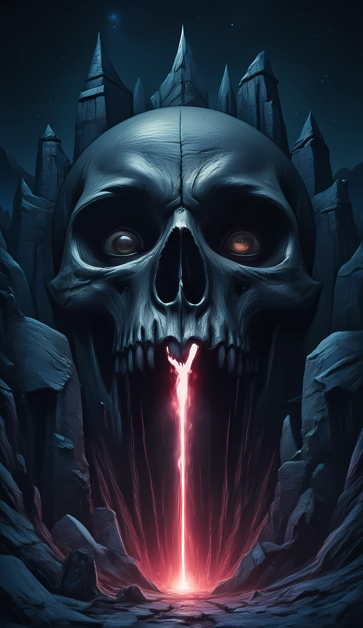 score_9, score_8_up, score_7, a picture of a an epic skull built into a mountain, the skull mouth is open and you can see red light, and hand bids you to come, it is night time, stars in the sky, photorealistic, fantasy art, RPG art, hyp3rd3tail style, ral-ertmsphr