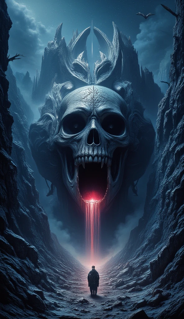 score_9, score_8_up, score_7, a picture of a an epic skull built into a mountain, the skull mouth is open and you can see red light, and hand bids you to come, it is night time, stars in the sky, photorealistic, fantasy art, RPG art, hyp3rd3tail style, ral-ertmsphr