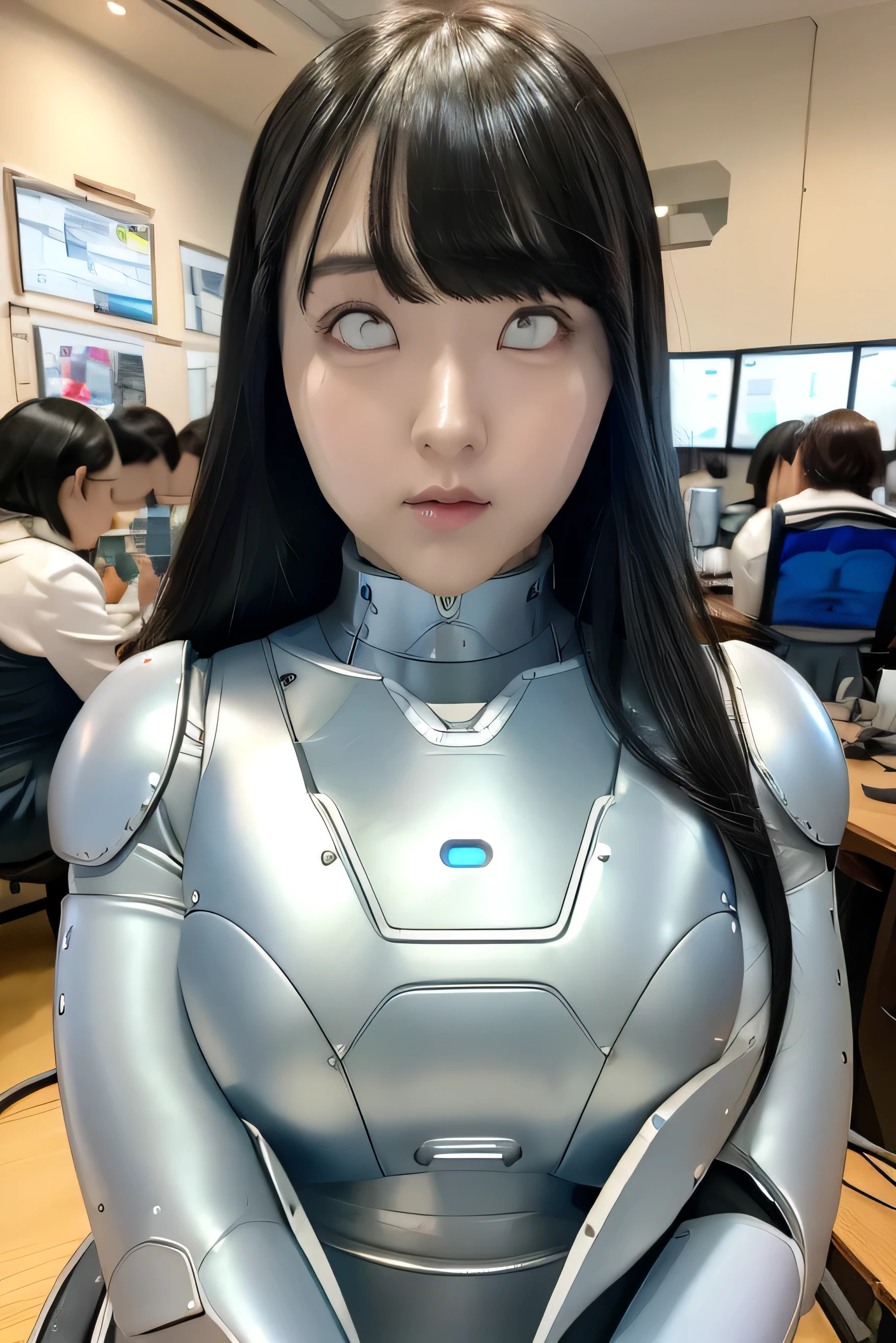 masterpiece, best quality, extremely detailed, Japaese android girl,portrait,Plump,a bit chubby,control panels,android,Droid,Mechanical Hand, Robot arms and legs, Black hair,Blunt bangs,perfect robot girl,long tube,thick cable connected her neck,android,robot,humanoid,cyborg,japanese cyborg girl ,robot-assembly plant,She is assembling now,assembly scene,chest monitor,office-lady,white eyes