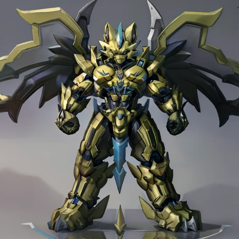 (zeraora, 8K), (zeraora's giant robot, Powered exoskeleton with the same design as zeraora), (Masterpiece, highres) (Detailed head, Detailed Body, Detailed abs, full body) (gigantic muscles, Gigachad Muscular, big muscle, pecs, triceps, traps, unusually developed muscular body, body full of huge muscles. showing off muscles, pectorales enormes, Exaggeratedly huge muscles.) (nj5furry, The claws are sharp, Sharp teeth, sharp claws), (long legs), (Spread wings, It has wings, have big wings, golden wings), (It has wings, whole body shines like metal, Wearing cyberpunk mecha, emphasizes the muscles, suit fully made of metal, intricate armor, Robotic suit, suit fully made of metal, cyborg. golden armor), (golden hyper penis), menacing pose, no face. wearing a full-face helmet. 