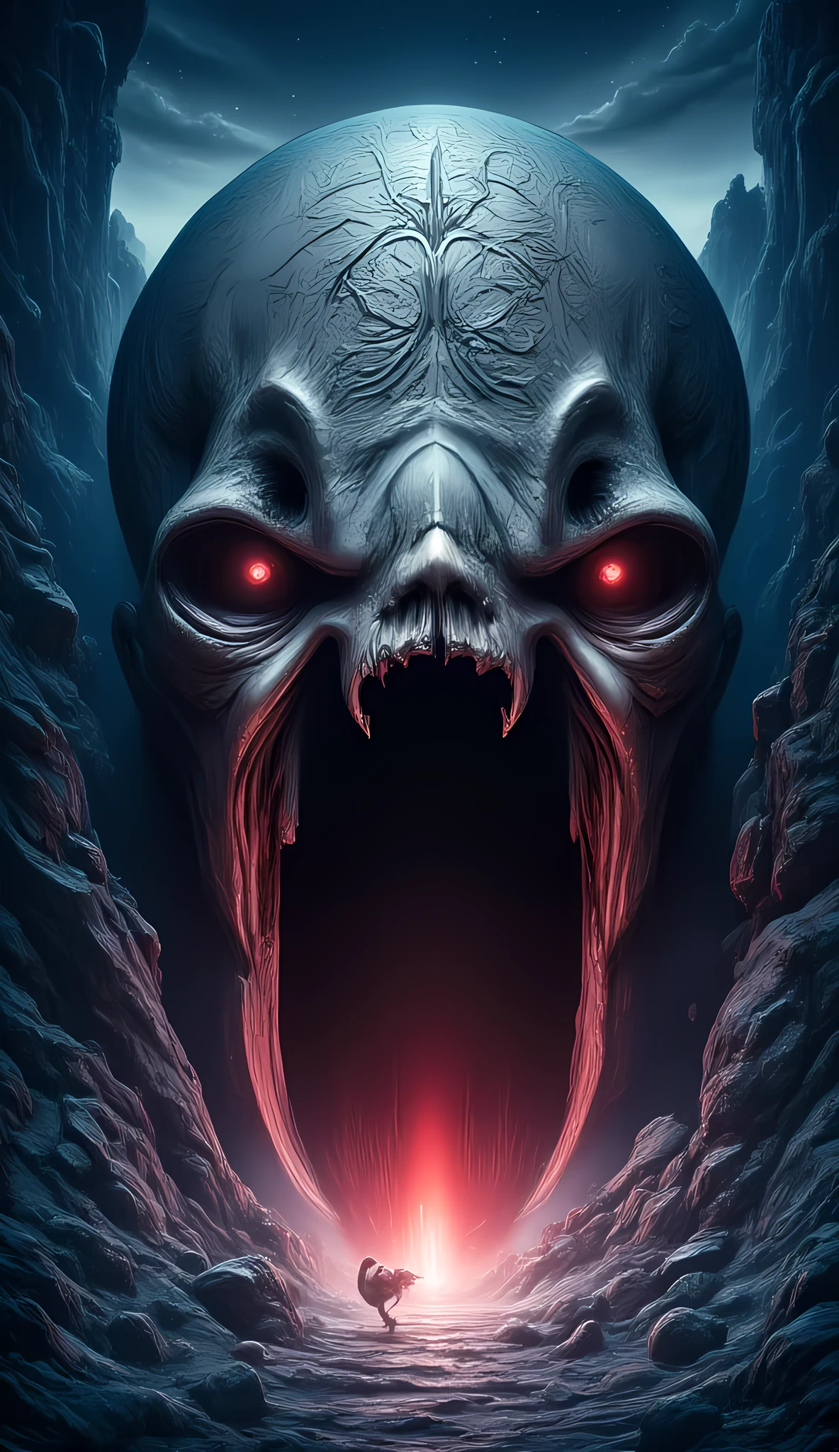 score_9, score_8_up, score_7, a picture of a an epic skull built into a mountain, the skull mouth is open and you can see red light, and hand bids you to come, it is night time, stars in the sky, photorealistic, fantasy art, RPG art, hyp3rd3tail style, ral-ertmsphr