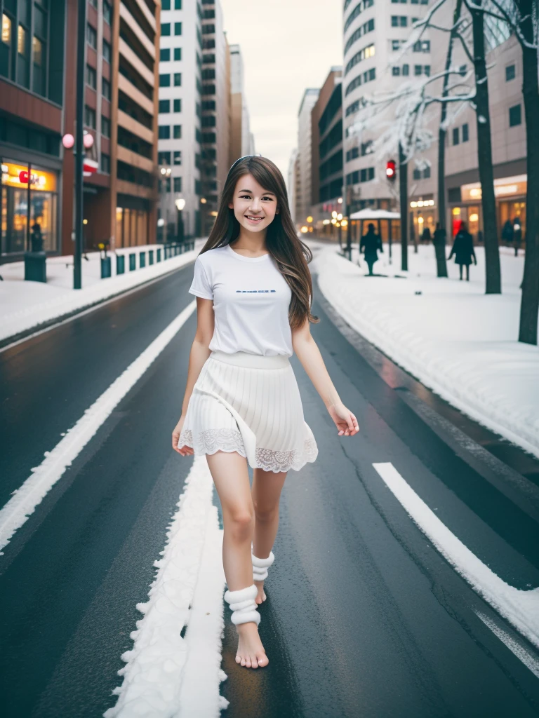 Barefoot cute girl, 20 лет dressed in skirt and leg warmers and white tshirt, walks around the big snowy city barefoot.  high resolution , Accuracy,  long hair ,  Smile . white skin color,  goes with girlfriend .