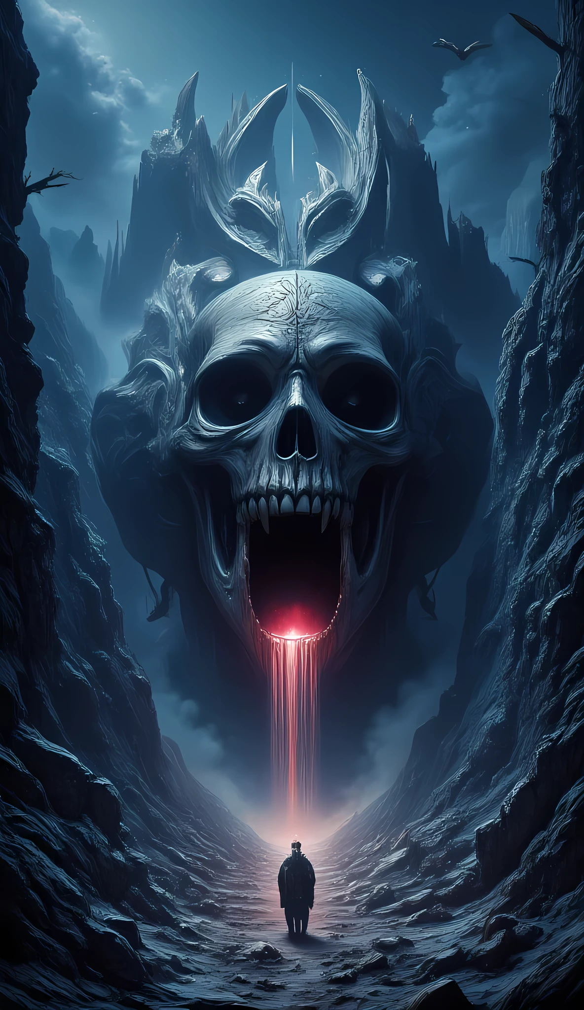 score_9, score_8_up, score_7, a picture of a an epic skull built into a mountain, the skull mouth is open and you can see red light, and hand bids you to come, it is night time, stars in the sky, photorealistic, fantasy art, RPG art, hyp3rd3tail style, ral-ertmsphr