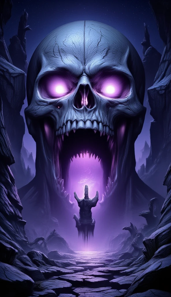 score_9, score_8_up, score_7, a picture of a an epic skull built into a mountain, the skull mouth is open and you can see purple light, and hand bids you to come, it is night time, stars in the sky, photorealistic, fantasy art, RPG art, hyp3rd3tail style, ral-ertmsphr