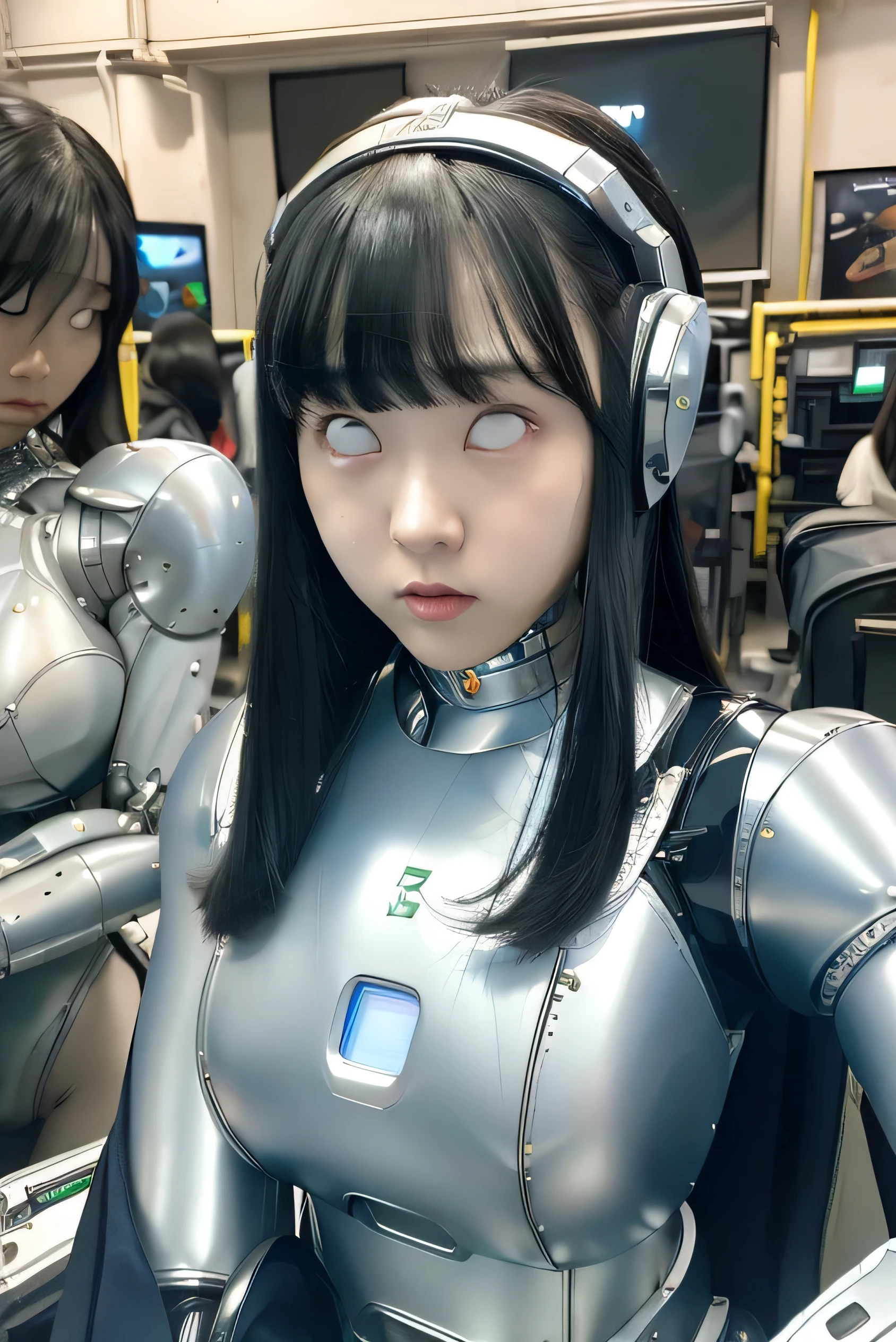 masterpiece, best quality, extremely detailed, Japaese android girl,portrait,Plump,a bit chubby,control panels,android,Droid,Mechanical Hand, Robot arms and legs, Black hair,Blunt bangs,perfect robot girl,long tube,thick cable connected her neck,android,robot,humanoid,cyborg,japanese cyborg girl ,robot-assembly plant,She is assembling now,assembly scene,white eyes,chest monitor