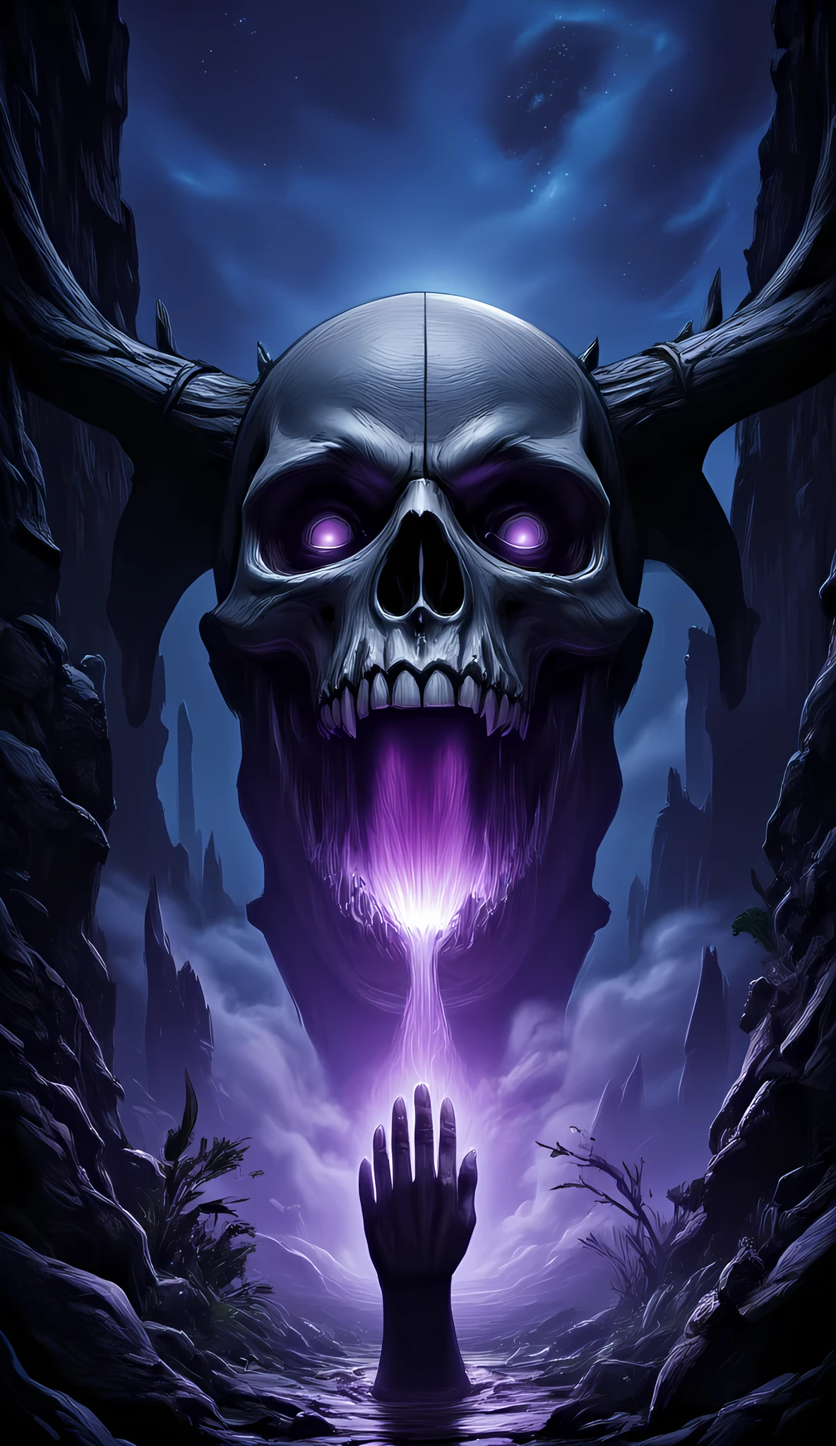 score_9, score_8_up, score_7, a picture of a an epic skull built into a mountain, the skull mouth is open and you can see purple light, and hand bids you to come, it is night time, stars in the sky, photorealistic, fantasy art, RPG art, hyp3rd3tail style, ral-ertmsphr