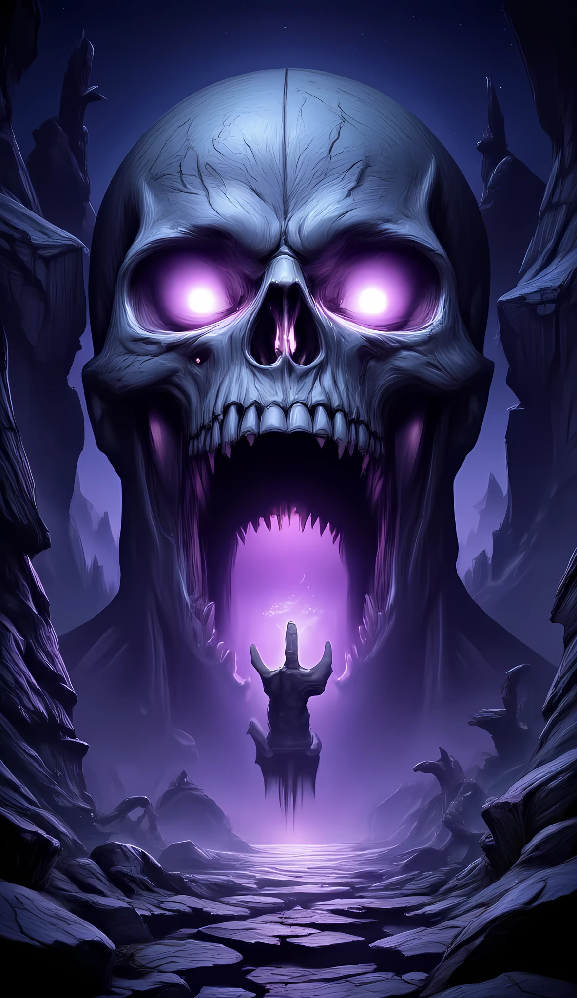 score_9, score_8_up, score_7, a picture of a an epic skull built into a mountain, the skull mouth is open and you can see purple light, and hand bids you to come, it is night time, stars in the sky, photorealistic, fantasy art, RPG art, hyp3rd3tail style, ral-ertmsphr