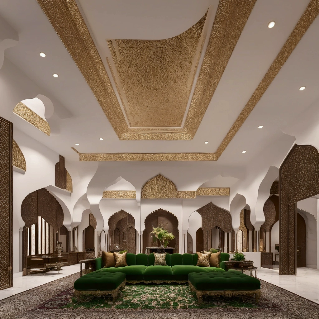 A beautifully detailed home mosque interior, intricate arabesque patterns, soft lighting from stained glass windows, large glass window, rich green and rose colors, one big TVs , detailed calligraphy, serene and calming atmosphere, complete sofa's set up, glass table, photorealistic, 8k, ultra-detailed, masterpiece, professional lighting, vivid colors