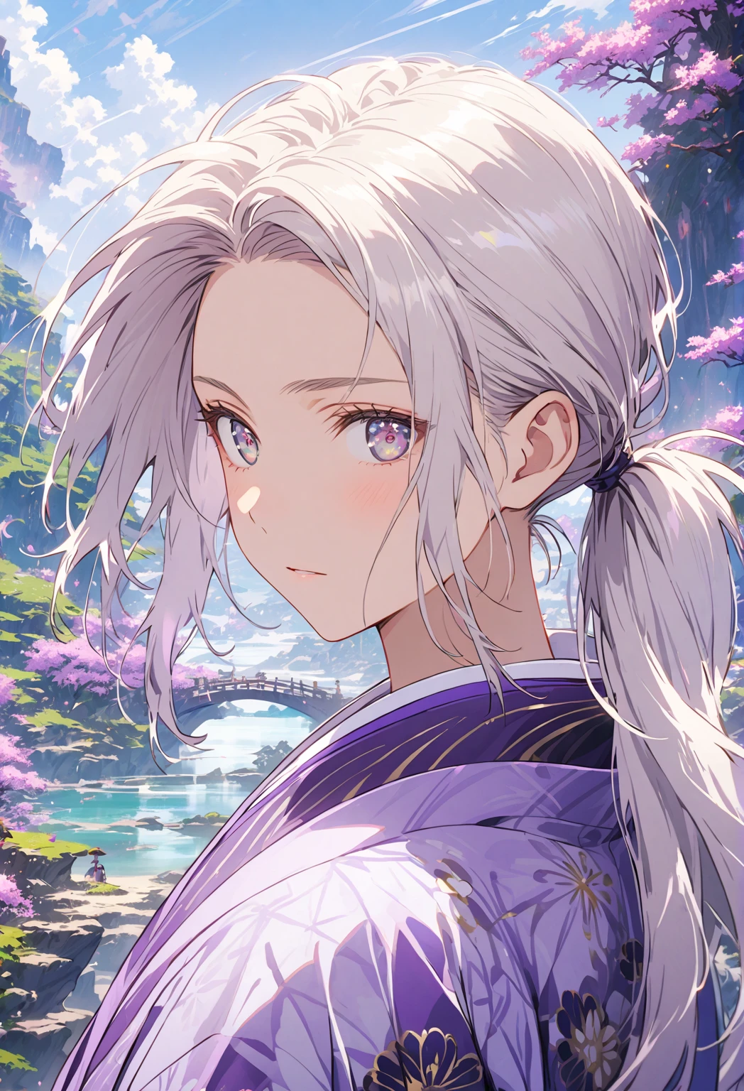 ((Portrait)) ((POV: Close)) (A Boy) (Gentle Expression) Short pony tail white hair with purple shade boy with white eyes, wearing a Japanese floral pattern haori. Standing in a fantasy landscape. Magical dusts are around. 