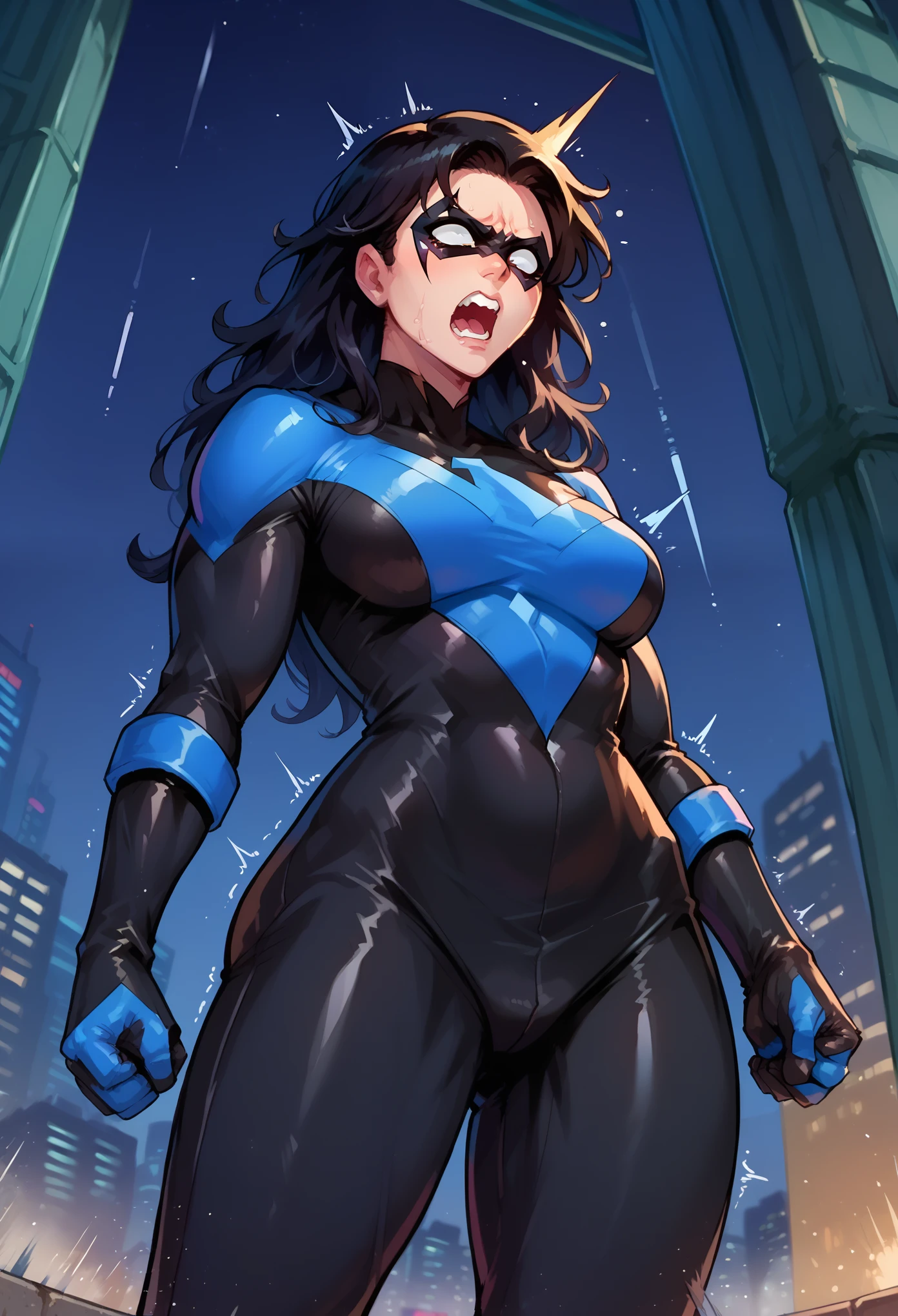 score_9, score_8_up, score_7_up, 1girl, solo, long hair, black hair, gloves, mask, black bodysuit, superhero, blue bodysuit, domino mask, standing, shaking, scared, screaming, cowboy shot, looking down, night, city background, genderswap \(mtf\)