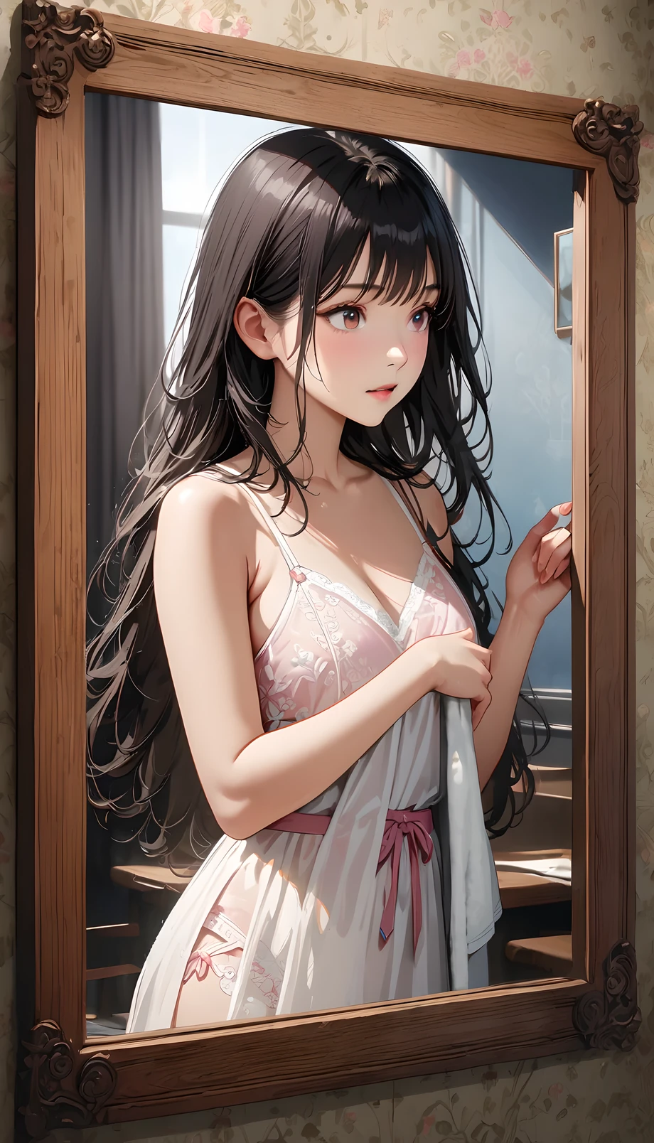 Sheer Embroidered Lingerie, (masterpiece:1.2, EXCEPTIONAL QUALITY , Mirror finish, Movie experience, best illustration, Super detailed), 8k, wallpaper, Chest covered with a towel, a female in school uniform peeking out window through sheer curtain on wooden frame, 1girl, alone, curtains, skirt, black hair, window, indoors, shirt, long hair, realistic, school uniform, bow