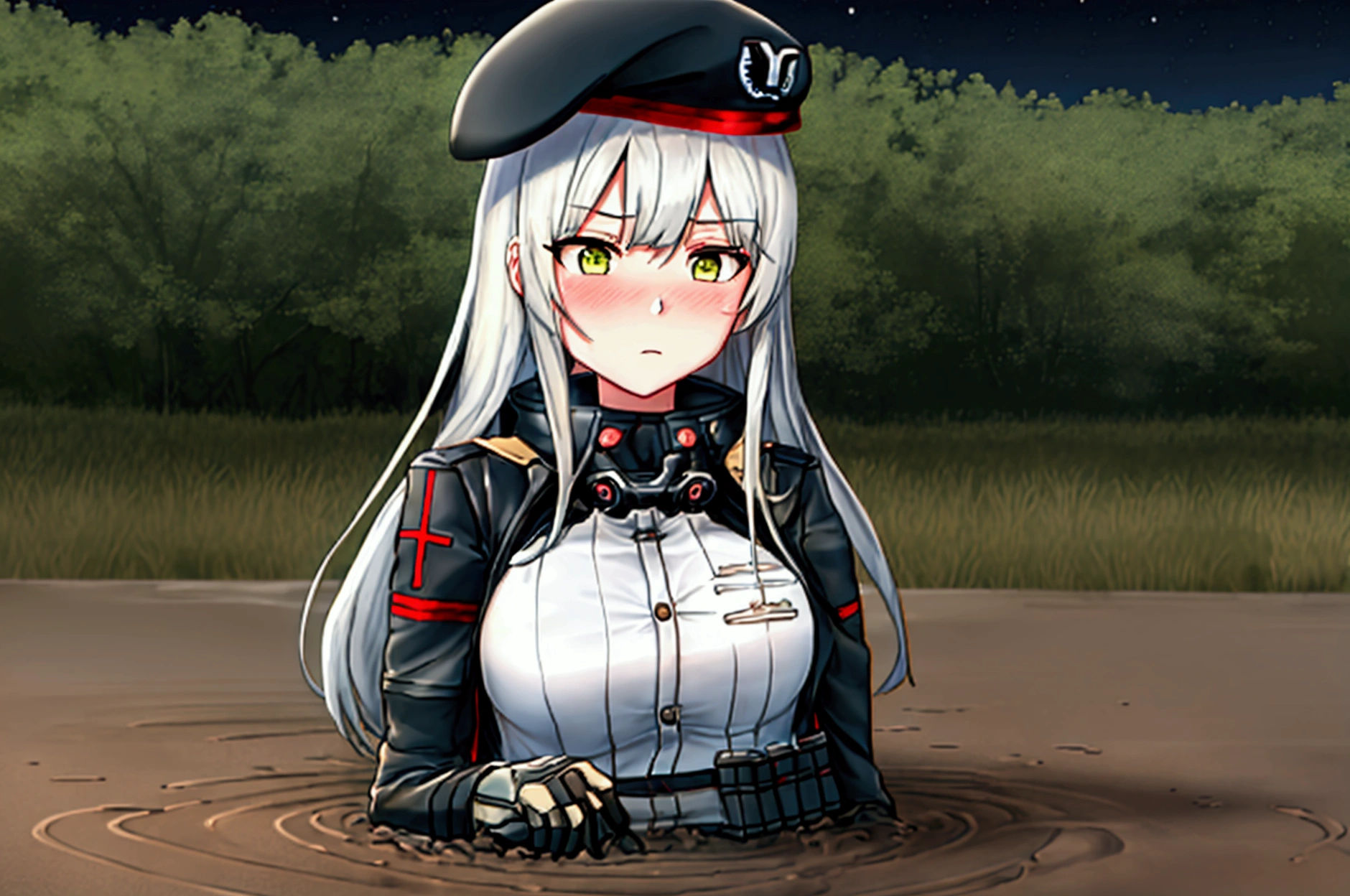 score_9, score_8_up, score_7_up, 1girl, solo, (blushing), looking down, 1girl, solo, (416_girlsfrontline:1.2), large breast, silver hair, green eyes, (jacket:1.2), (beret:1.2), black_headwear, long_sleeves, (oriental:1.2), partially submerged, flooding up to the chest, upper body, yellowstone park, relaxing, anime face, trembling, (half upper body:1.2), Quicksand, Quick Sand, arms stuck in quicksand, up to chest in quicksand, moaning, blushing, shortstack figure, breasts pushed up by quicksand, standing in quicksand, shining