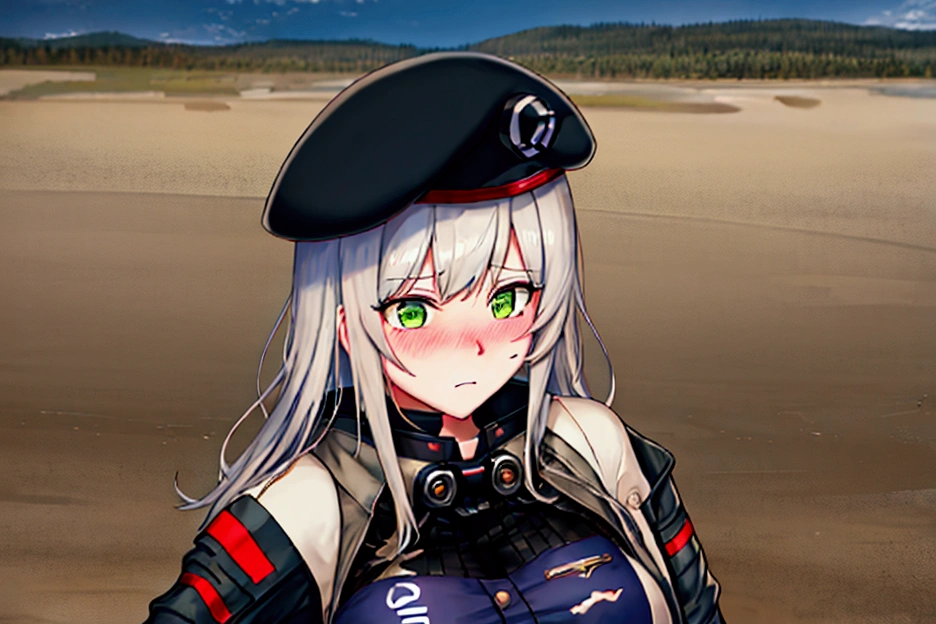 score_9, score_8_up, score_7_up, 1girl, solo, (blushing), looking down, 1girl, solo, (416_girlsfrontline:1.2), large breast, silver hair, green eyes, (jacket:1.2), (beret:1.2), black_headwear, long_sleeves, (oriental:1.2), partially submerged, flooding up to the chest, upper body, yellowstone park, relaxing, anime face, trembling, (half upper body:1.2), Quicksand, Quick Sand, arms stuck in quicksand, up to chest in quicksand, moaning, blushing, shortstack figure, breasts pushed up by quicksand, standing in quicksand, shining