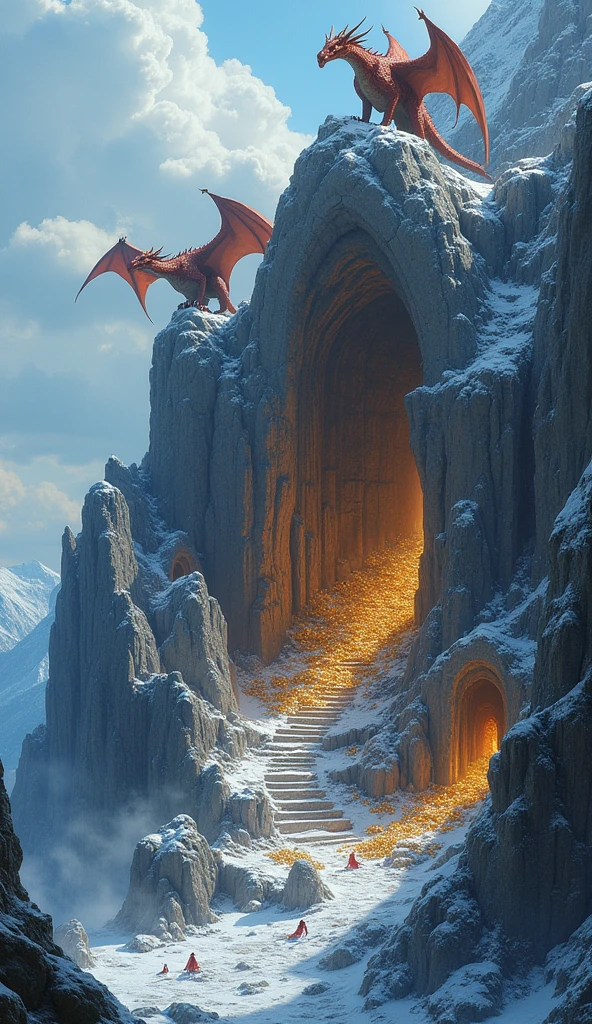 elden ring style, epic landscape, above and below, csu, cross-section, from side, fantasy landscape , masterpiece, best quality, CG, wallpaper, HDR, high quality, high-definition, extremely detailed
rocky mountain, high peaks, mine entrance, cave mouth, no humans, grey sky, from outside,
underground, dragon sleeping on a pile of gold coins, roots, burrow, cave, darkness, dimly lit, cavern,