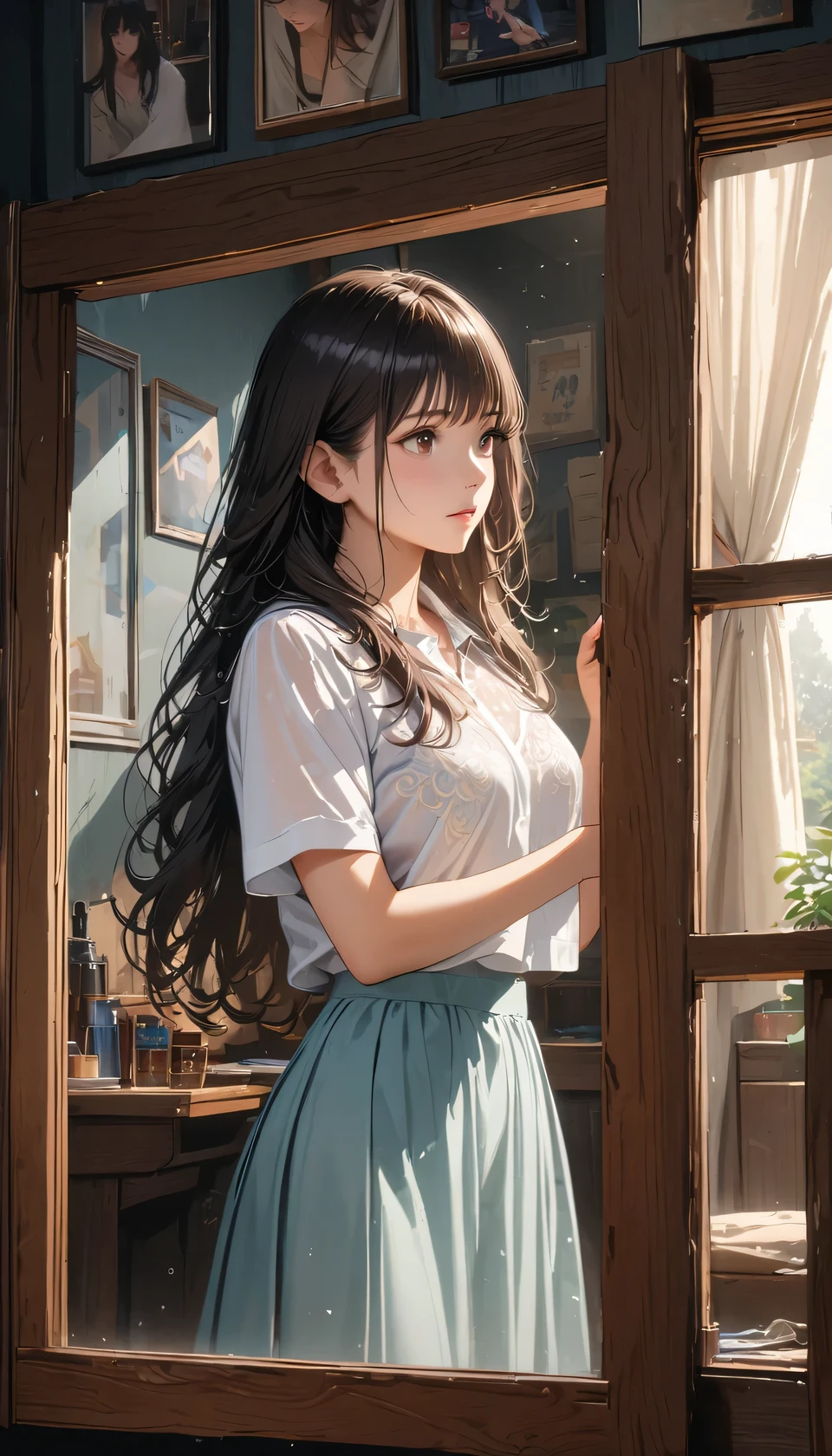 Sheer Embroidered Lingerie, (masterpiece:1.2, EXCEPTIONAL QUALITY , Mirror finish, Movie experience, best illustration, Super detailed), 8k, wallpaper, Chest covered with a towel, a female in school uniform peeking out window through sheer curtain on wooden frame, 1girl, alone, curtains, skirt, black hair, window, indoors, shirt, long hair, realistic, school uniform, bow