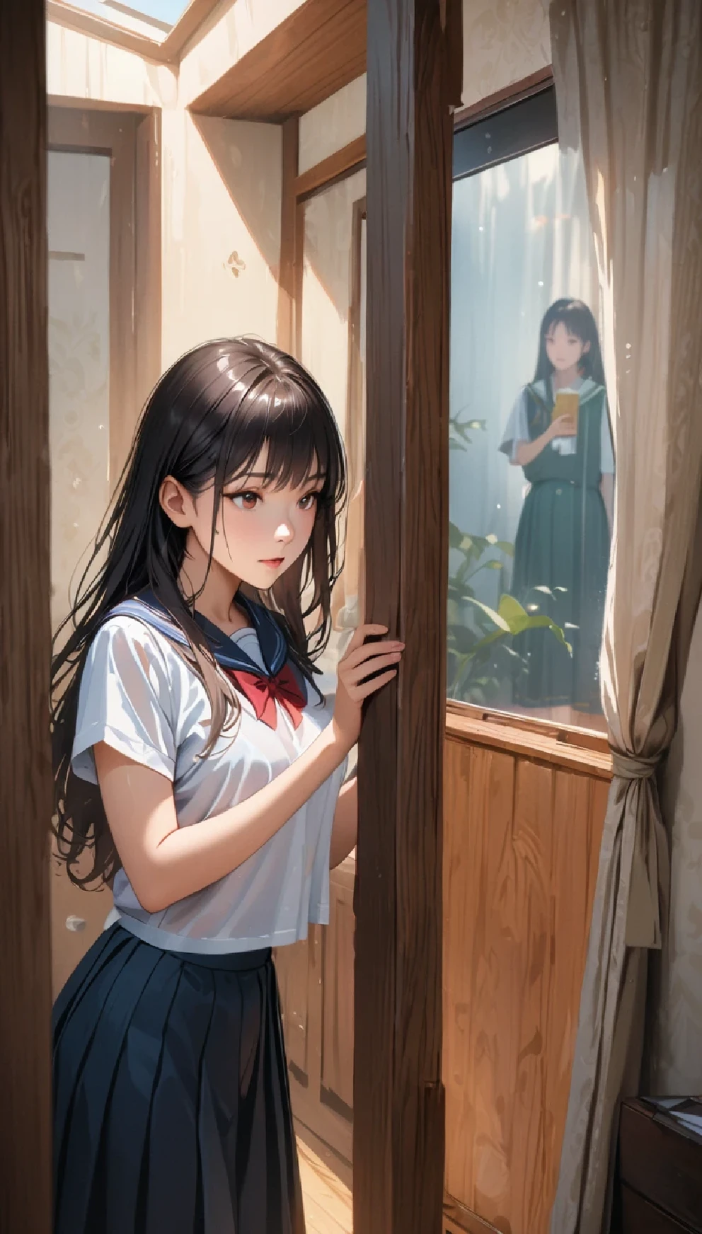 Sheer Embroidered Lingerie, (masterpiece:1.2, EXCEPTIONAL QUALITY , Mirror finish, Movie experience, best illustration, Super detailed), 8k, wallpaper, Chest covered with a towel, a female in school uniform peeking out window through sheer curtain on wooden frame, 1girl, alone, curtains, skirt, black hair, window, indoors, shirt, long hair, realistic, school uniform, bow